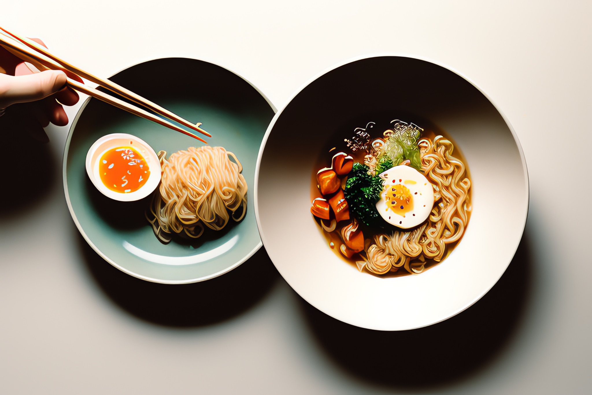 Overhead view of a bowl of ramen with a soft boiled egg and chopsticks picking up noodles from a separate bowl of noodles and sauce.