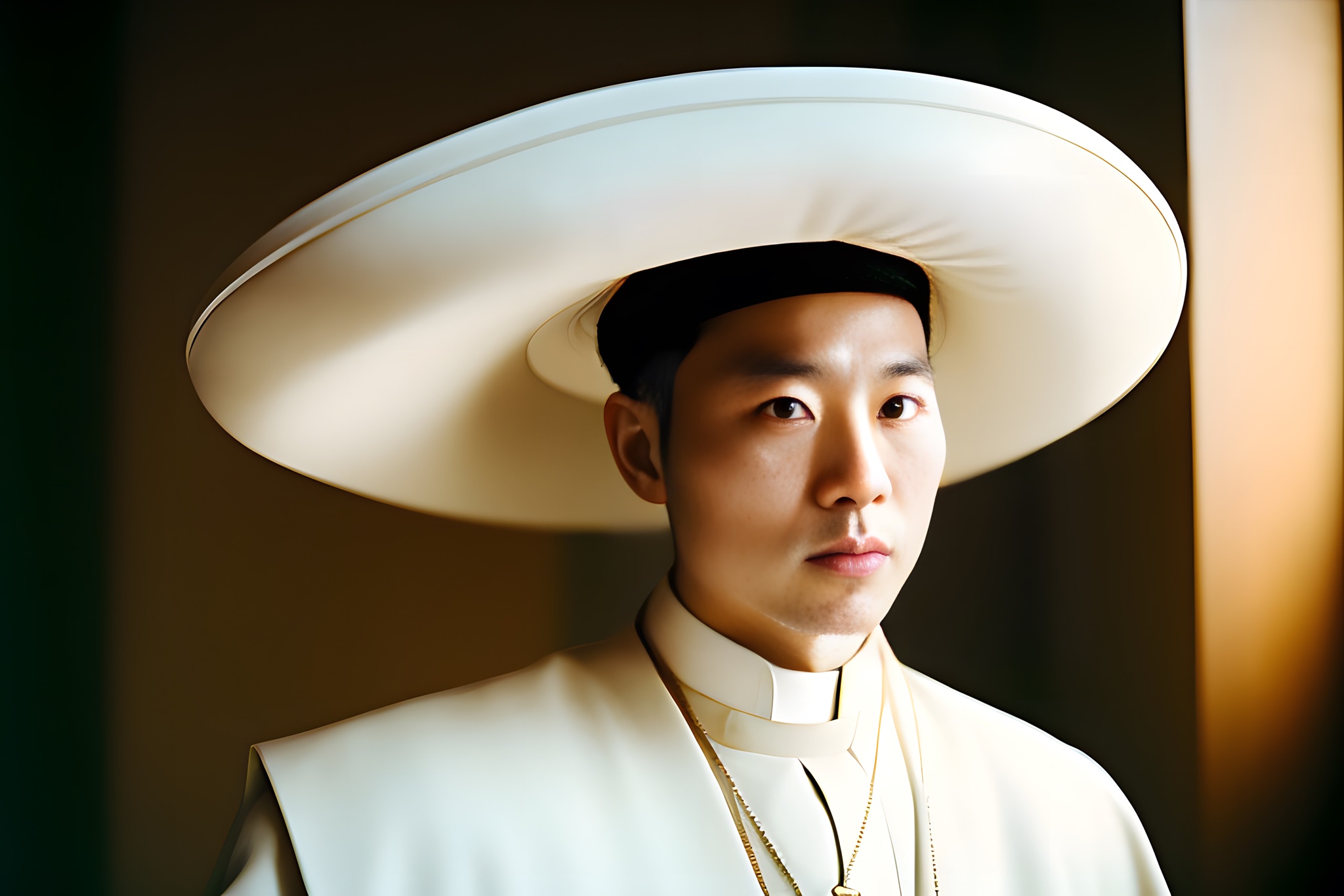 Portrait of a Korean priest wearing a large white hat and white robe.