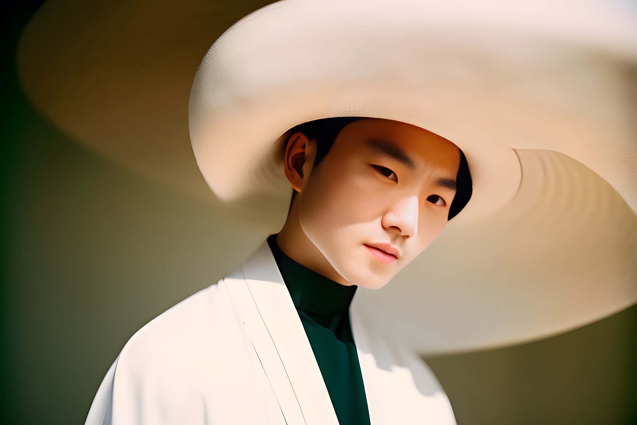 Portrait of a young man in a large white hat and white robe.