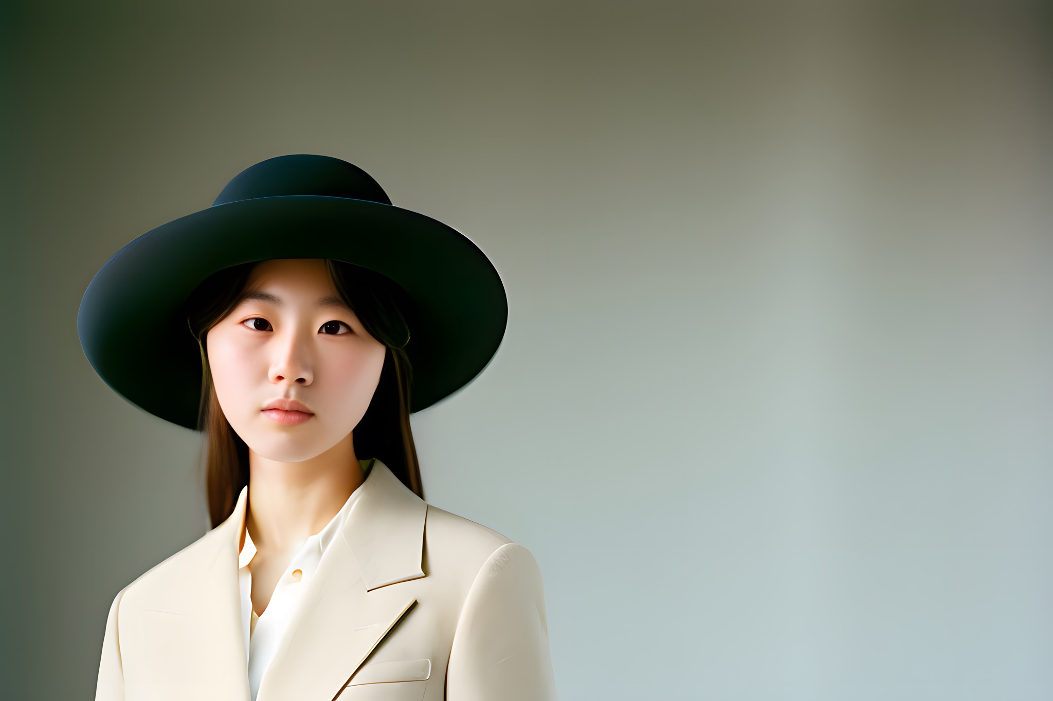 Portrait of a young Korean woman wearing a black hat and beige blazer.