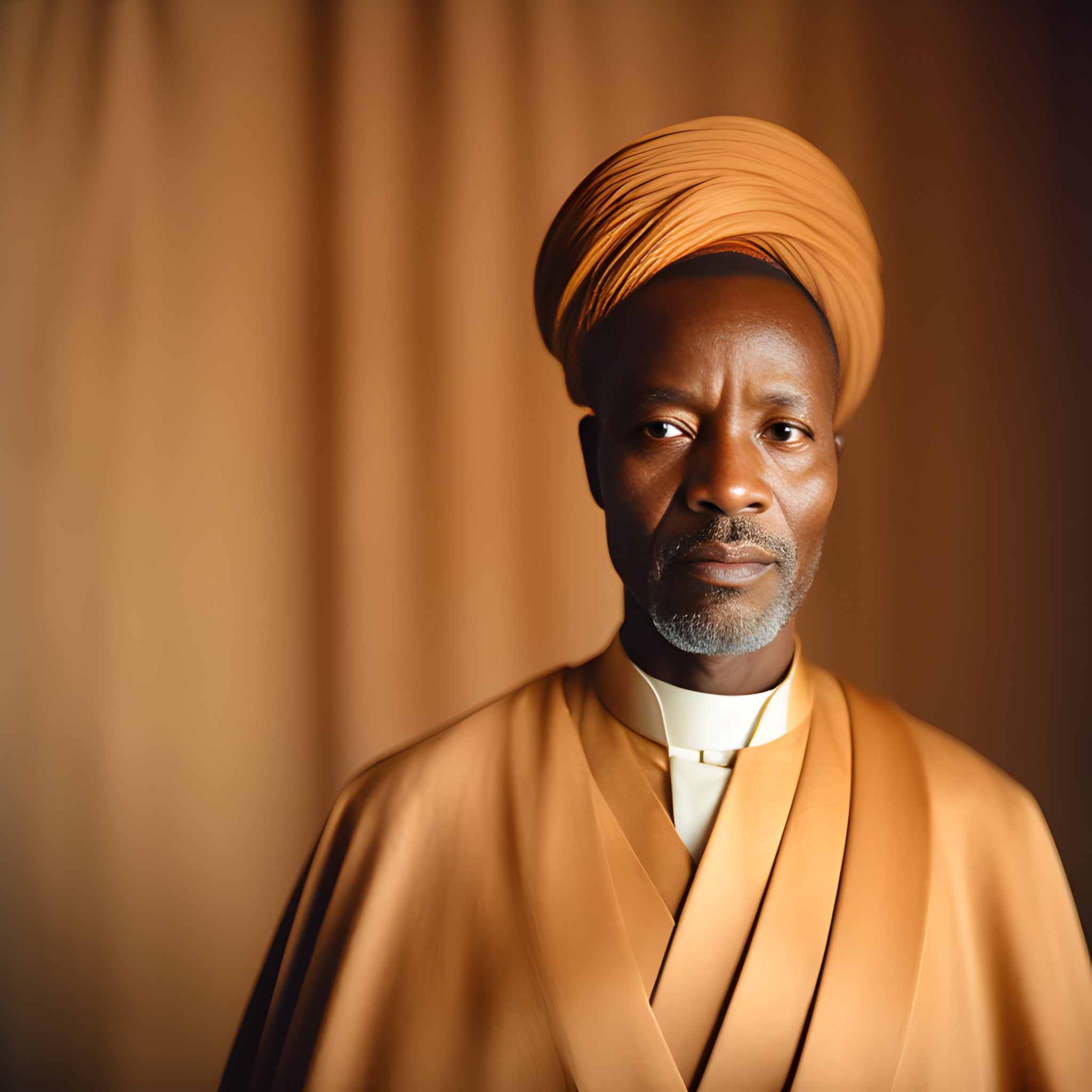 Portrait of an African man wearing a brown turban and robe.