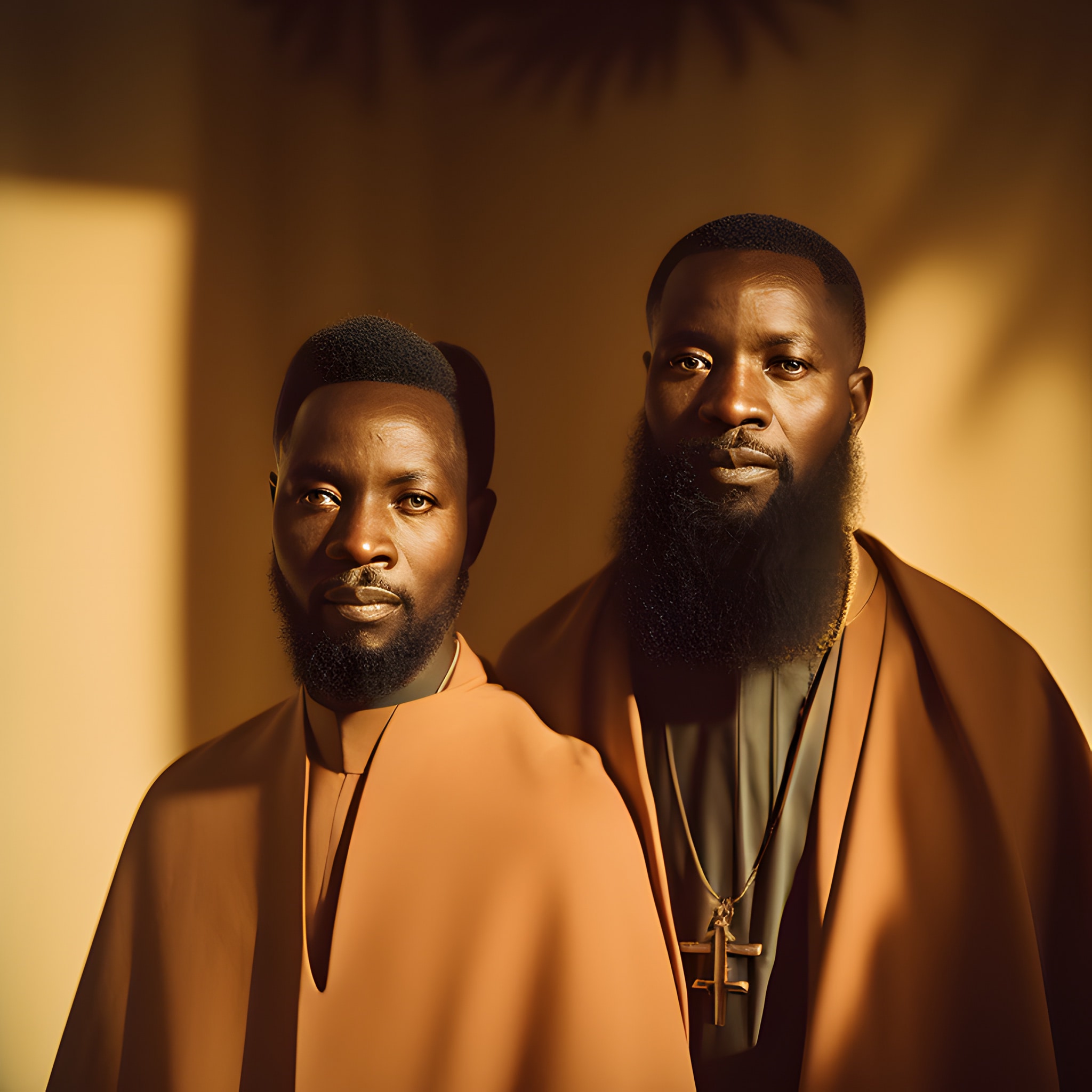Two African priests in brown robes, one with a beard and a cross necklace.