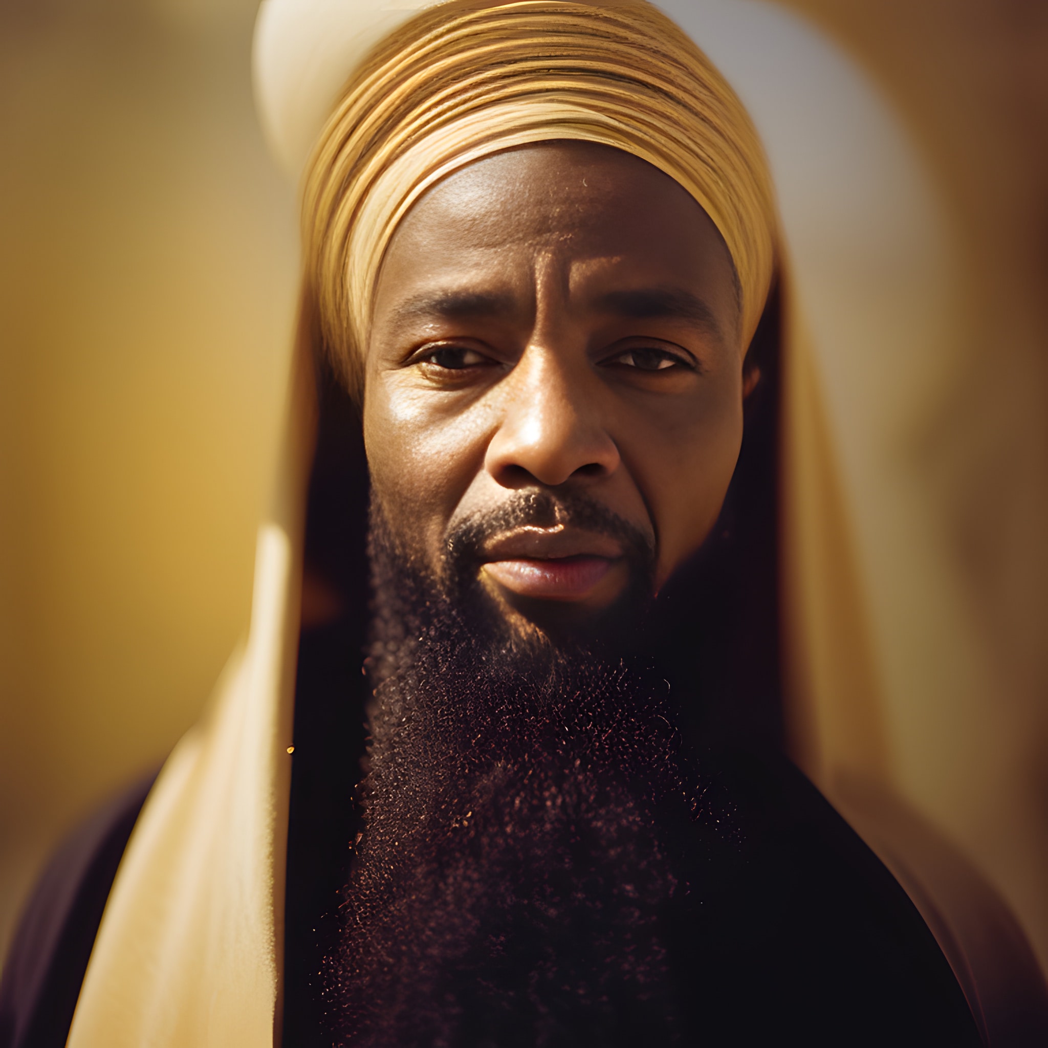 Close-up portrait of a Black man with a beard, wearing a golden turban.