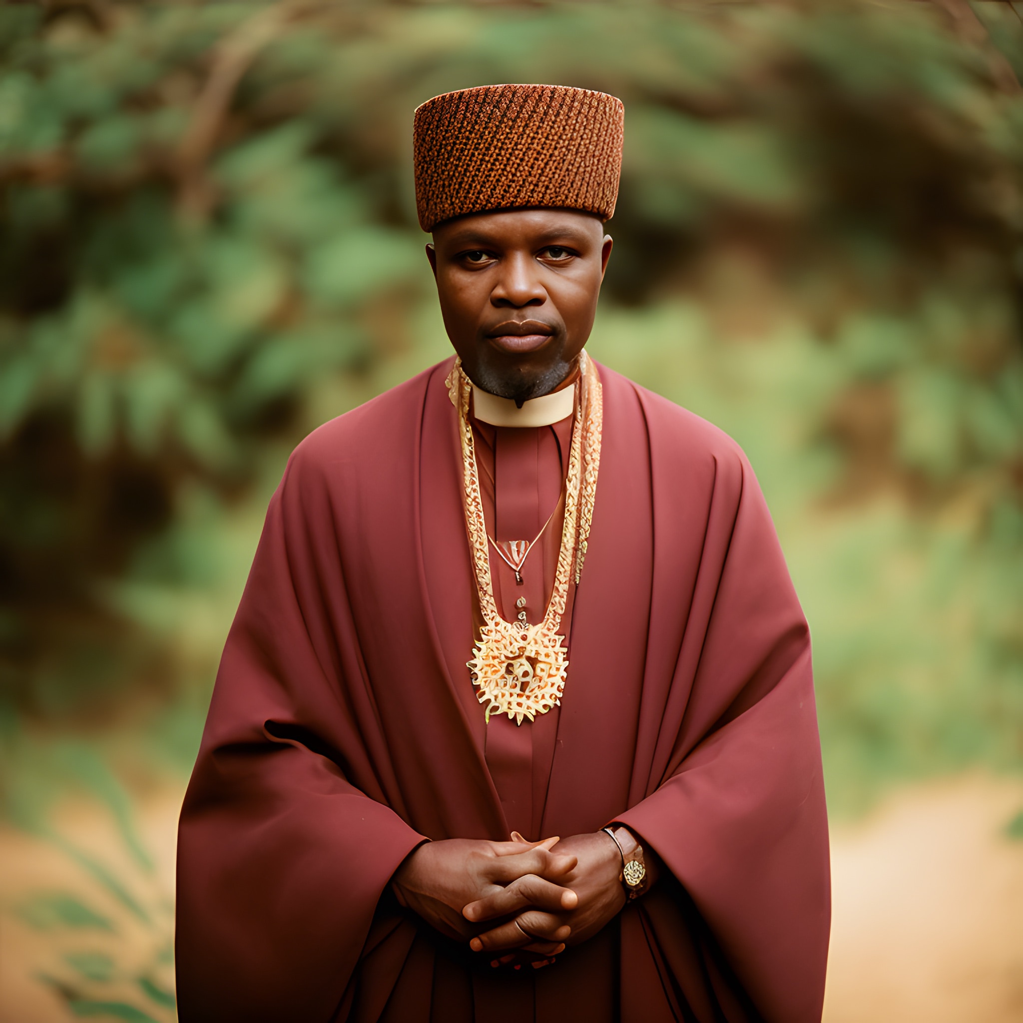 Portrait of an African priest wearing a maroon robe and a textured brown hat.