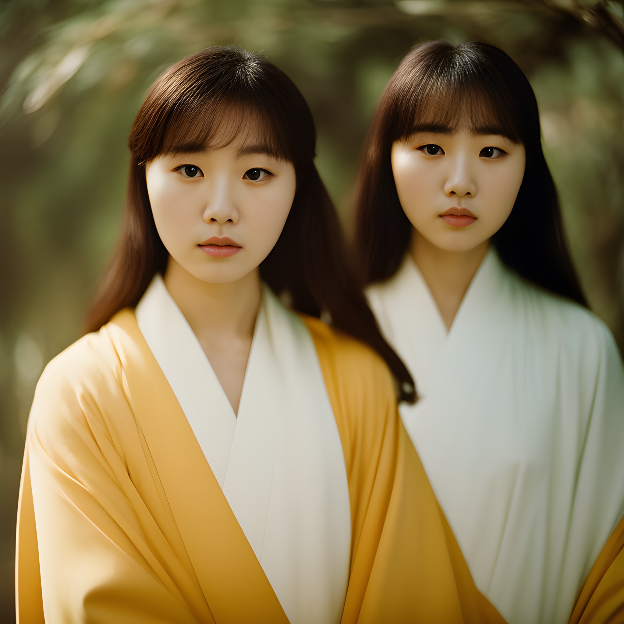 Two young Korean women in traditional Hanbok dresses.