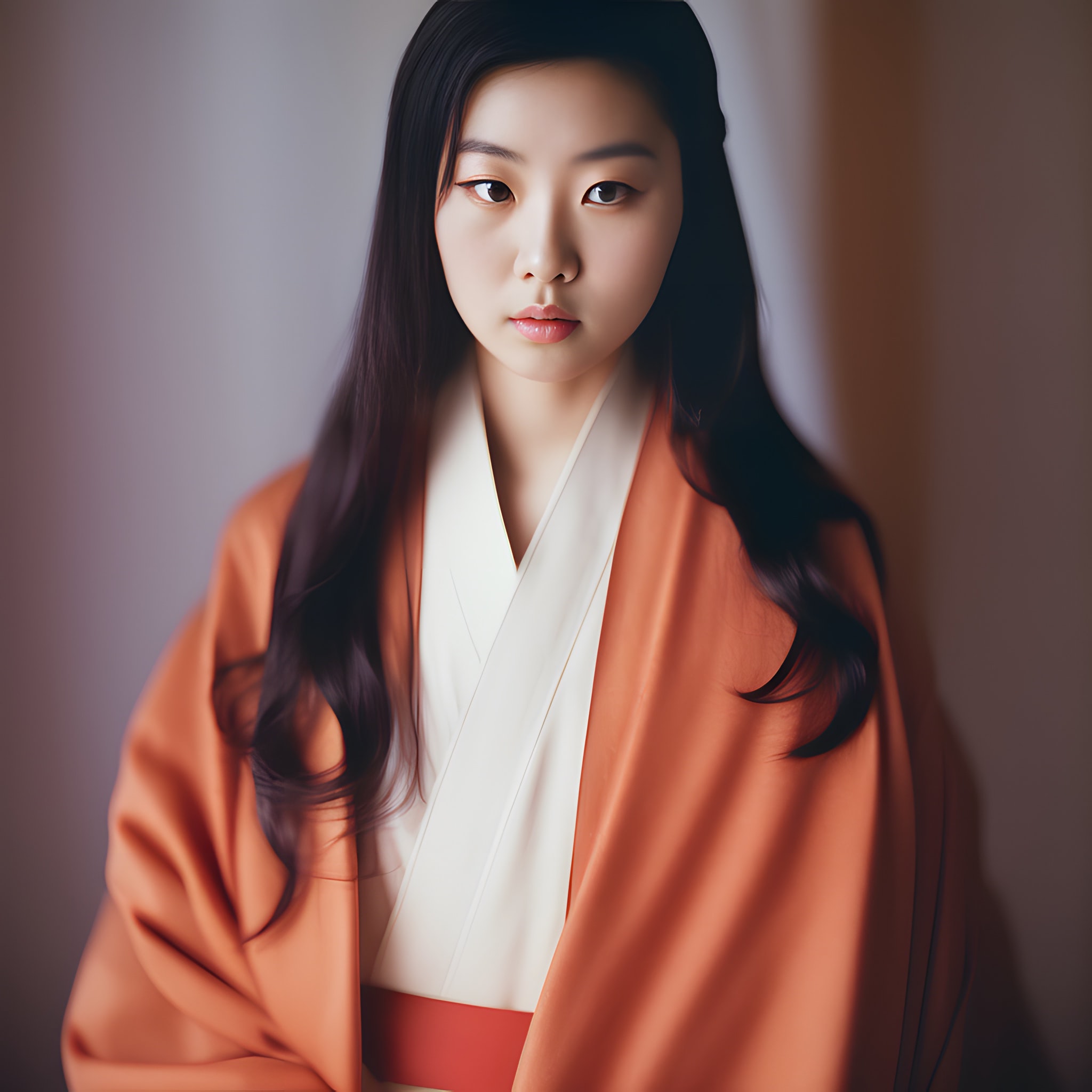 Portrait of a young Korean woman in a peach-colored hanbok.