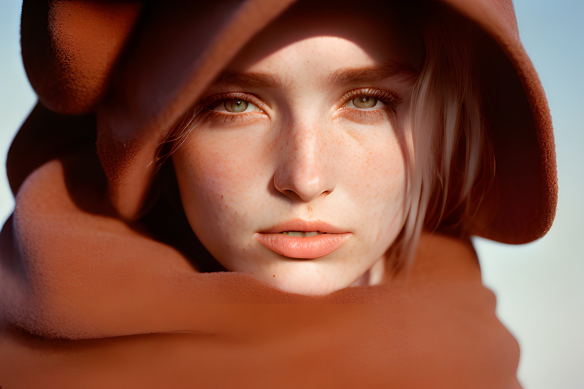 Close-up portrait of a freckled woman wearing a terracotta-colored hooded garment.