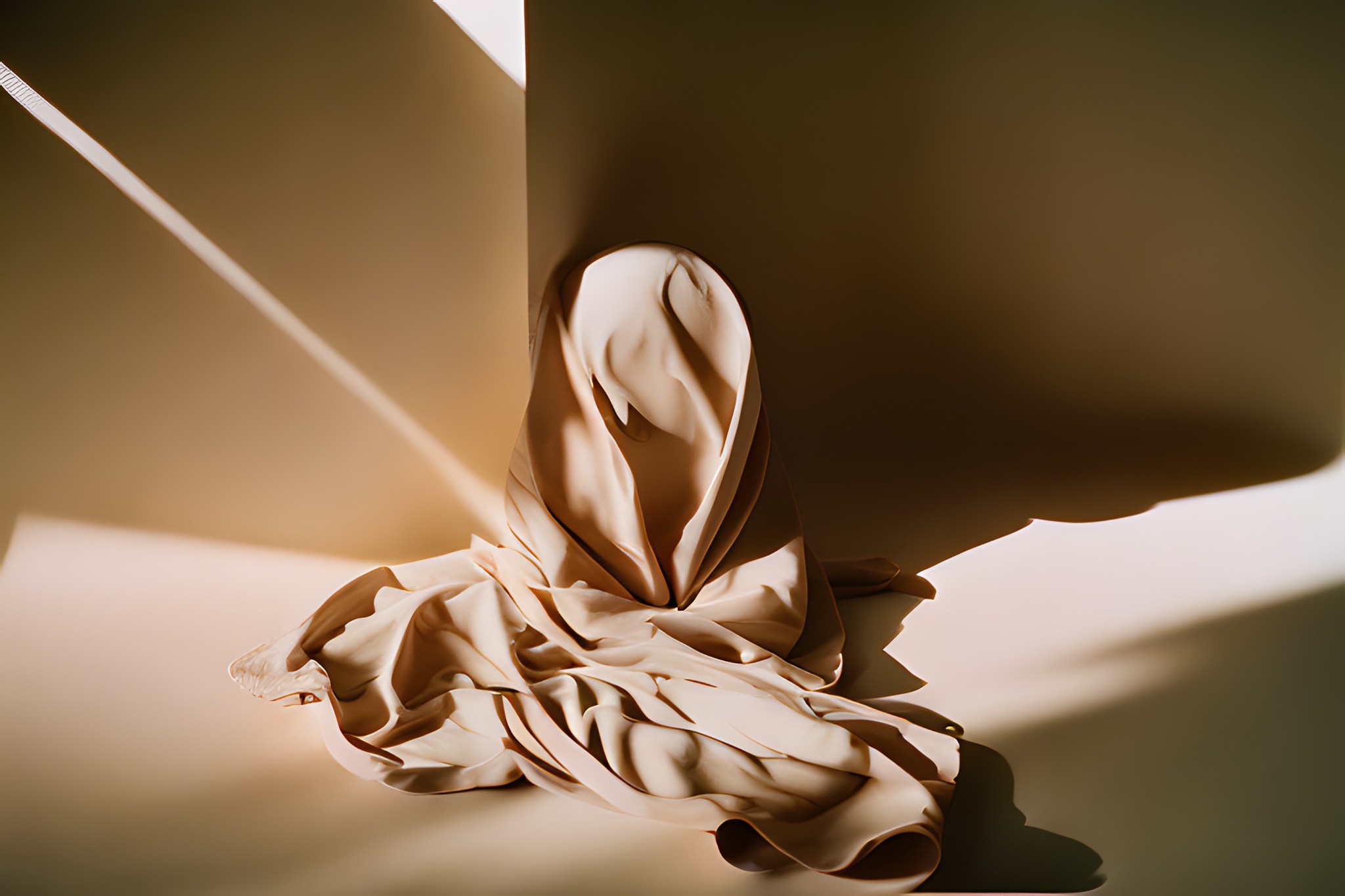 Beige fabric draped on a light beige surface, illuminated by dramatic lighting.