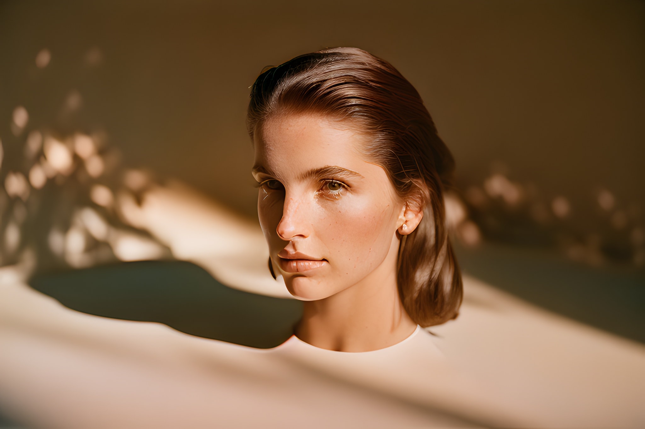 Close-up portrait of a young woman with brown hair, partially submerged in a light-colored substance, bathed in warm sunlight.