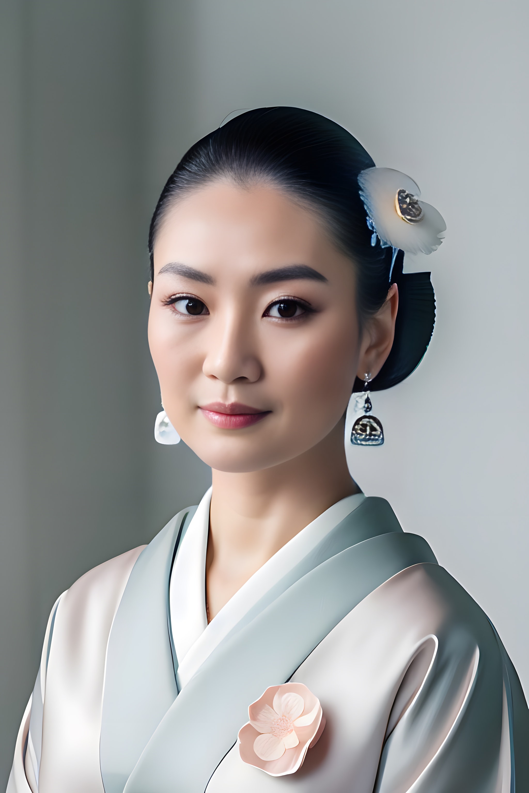 Portrait of a young woman in a light grey and beige Hanbok.