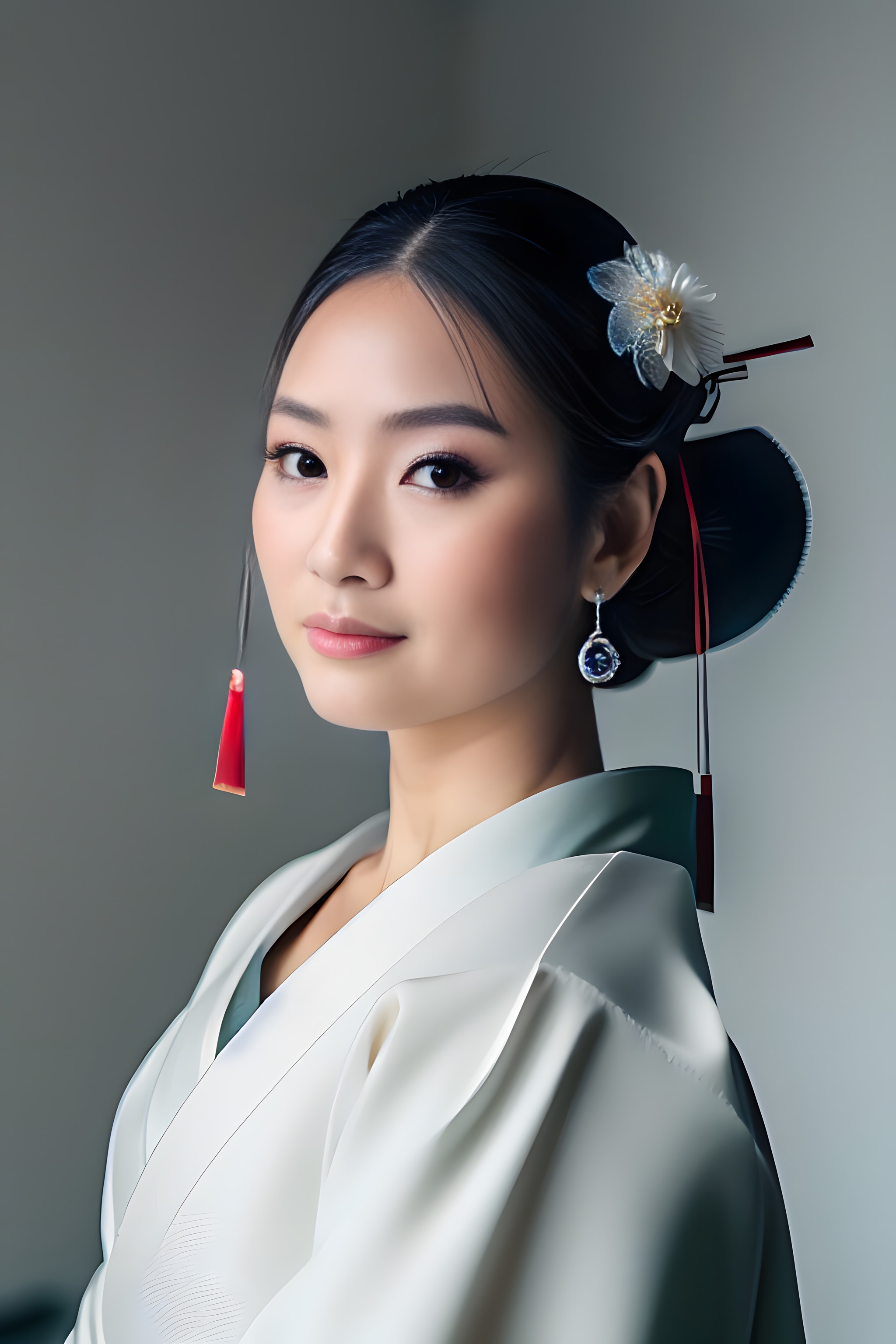 Portrait of a young woman in a white kimono, wearing a flower hair ornament and earrings.