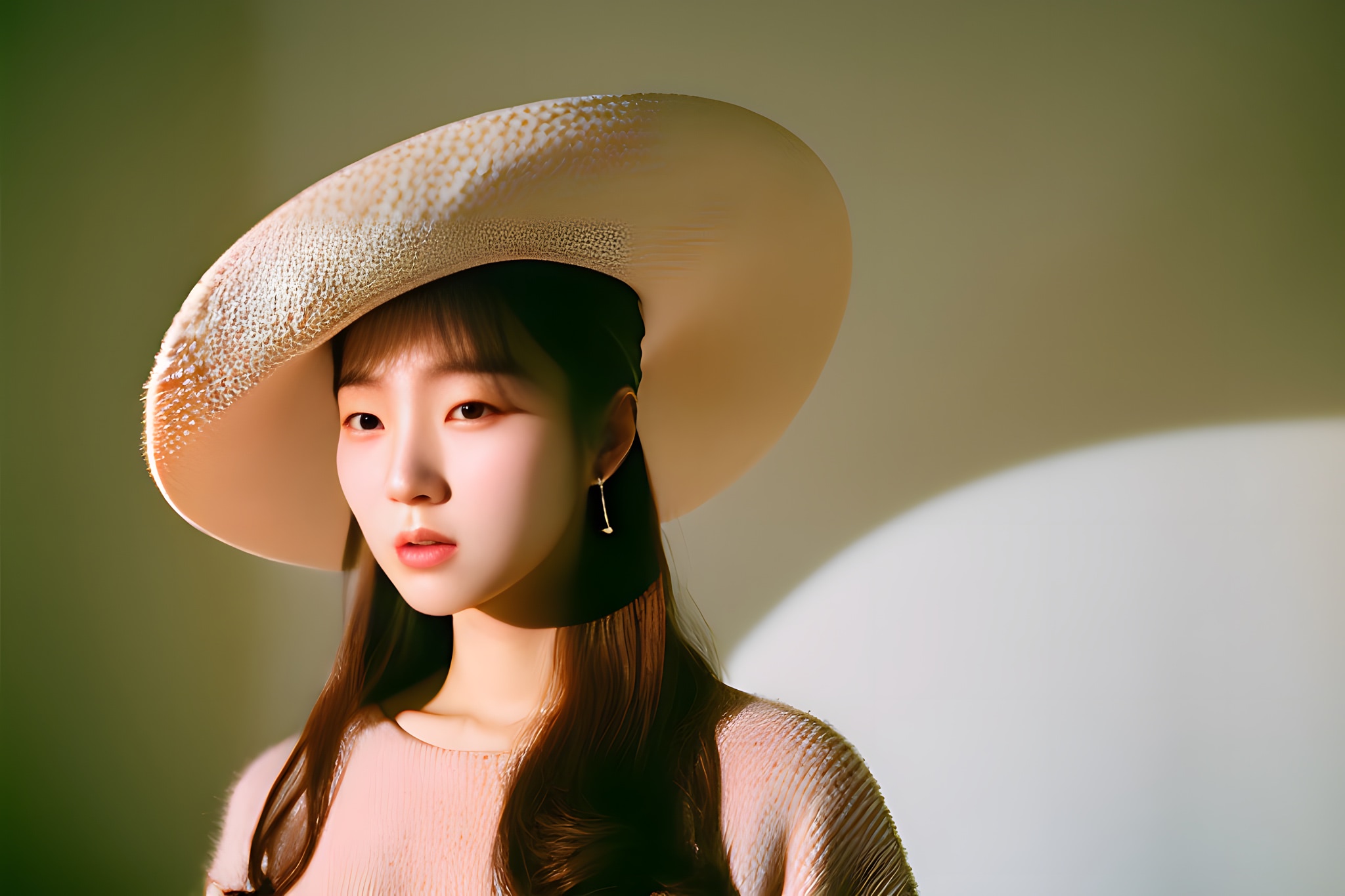 Portrait of a young woman wearing a large, light beige hat.