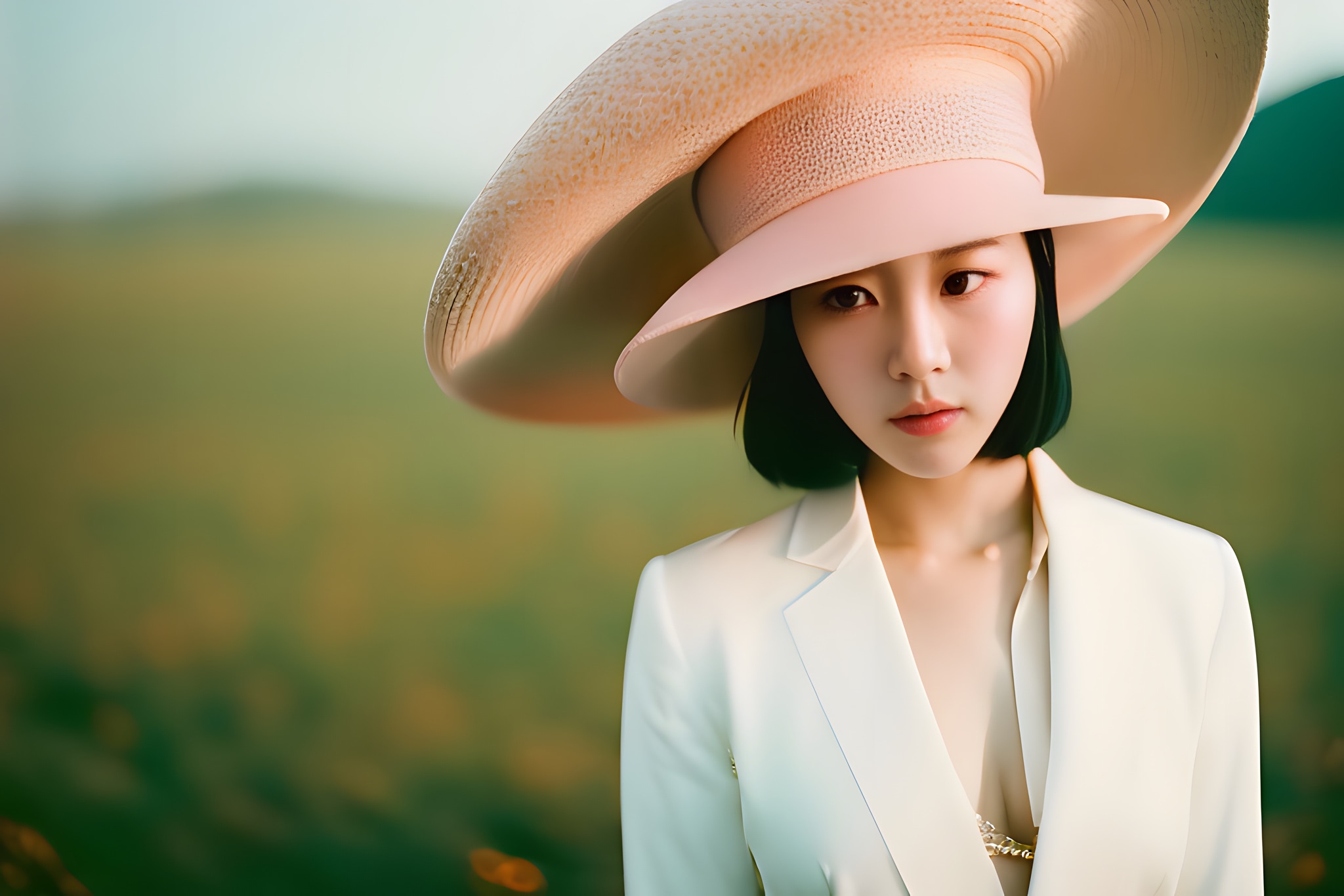 Portrait of a young woman with black bob hair wearing a large, pale pink sunhat and a white blazer.