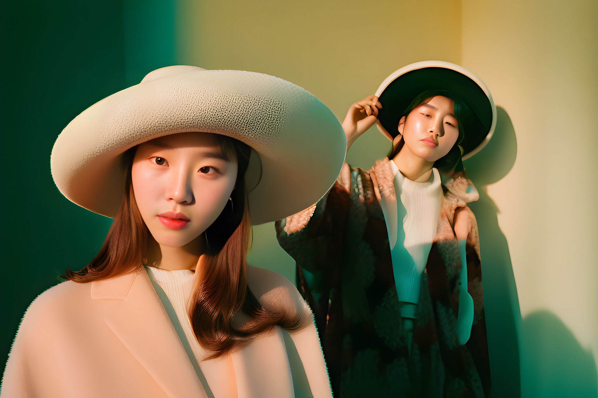 Portrait of two young Korean women wearing hats and coats.