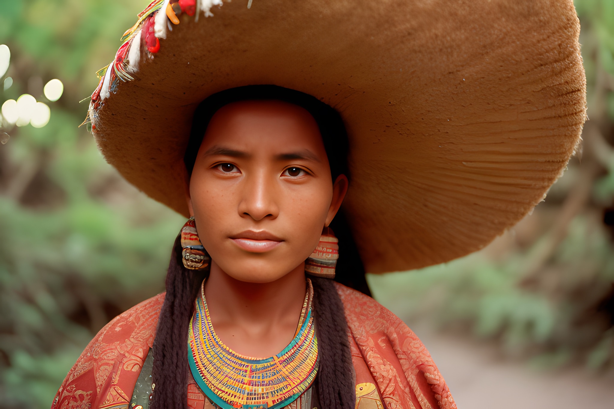 Close-up portrait of a young woman wearing a large, wide-brimmed hat and colorful traditional clothing and jewelry.