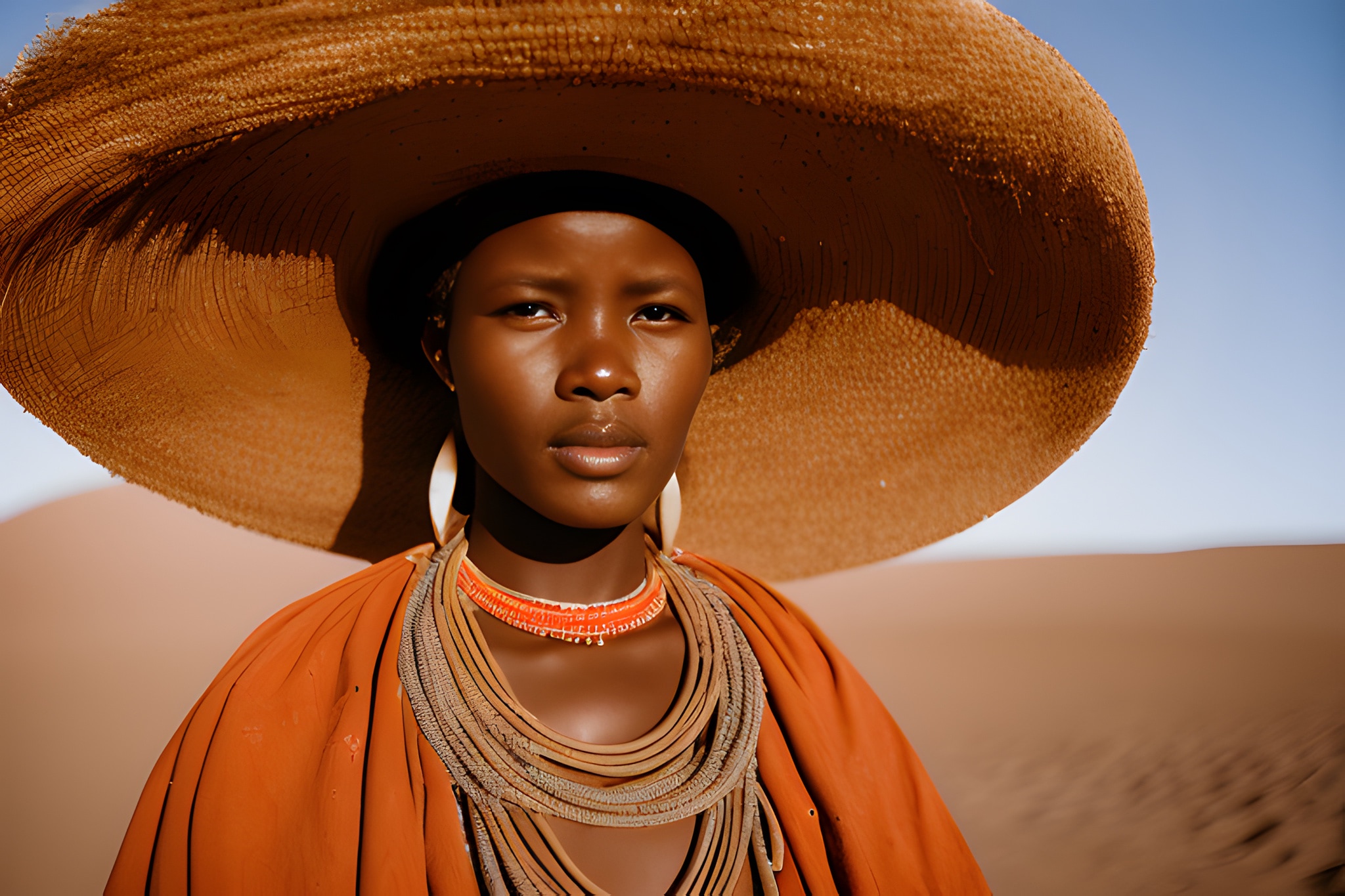 Portrait of a young woman wearing a large straw hat and traditional orange clothing and jewelry in a desert landscape.