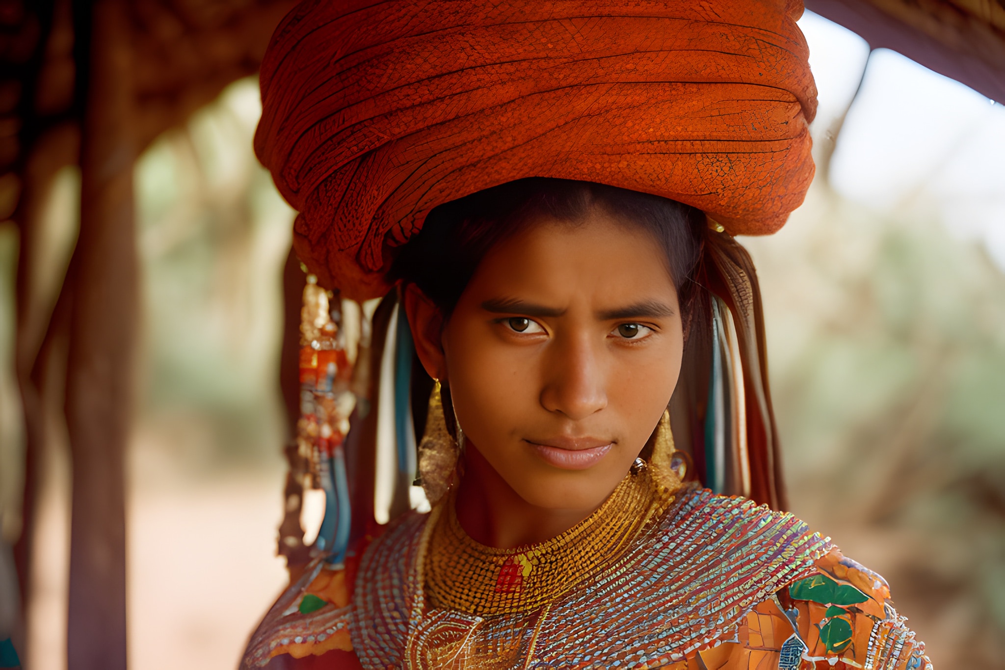 Close-up portrait of a young woman wearing a large orange headwrap and ornate jewelry.