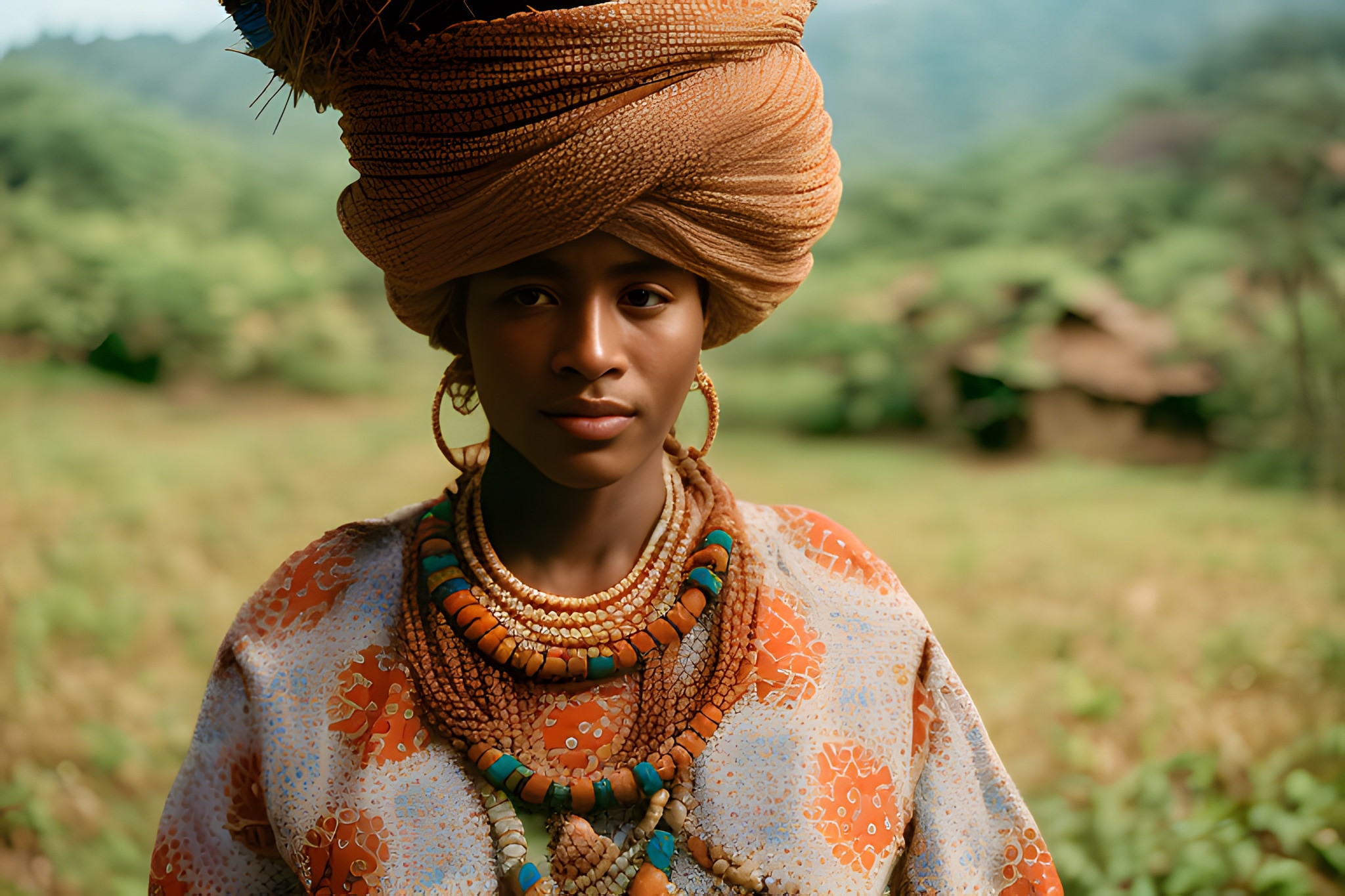 Portrait of a woman wearing a large turban and elaborate beaded necklaces.