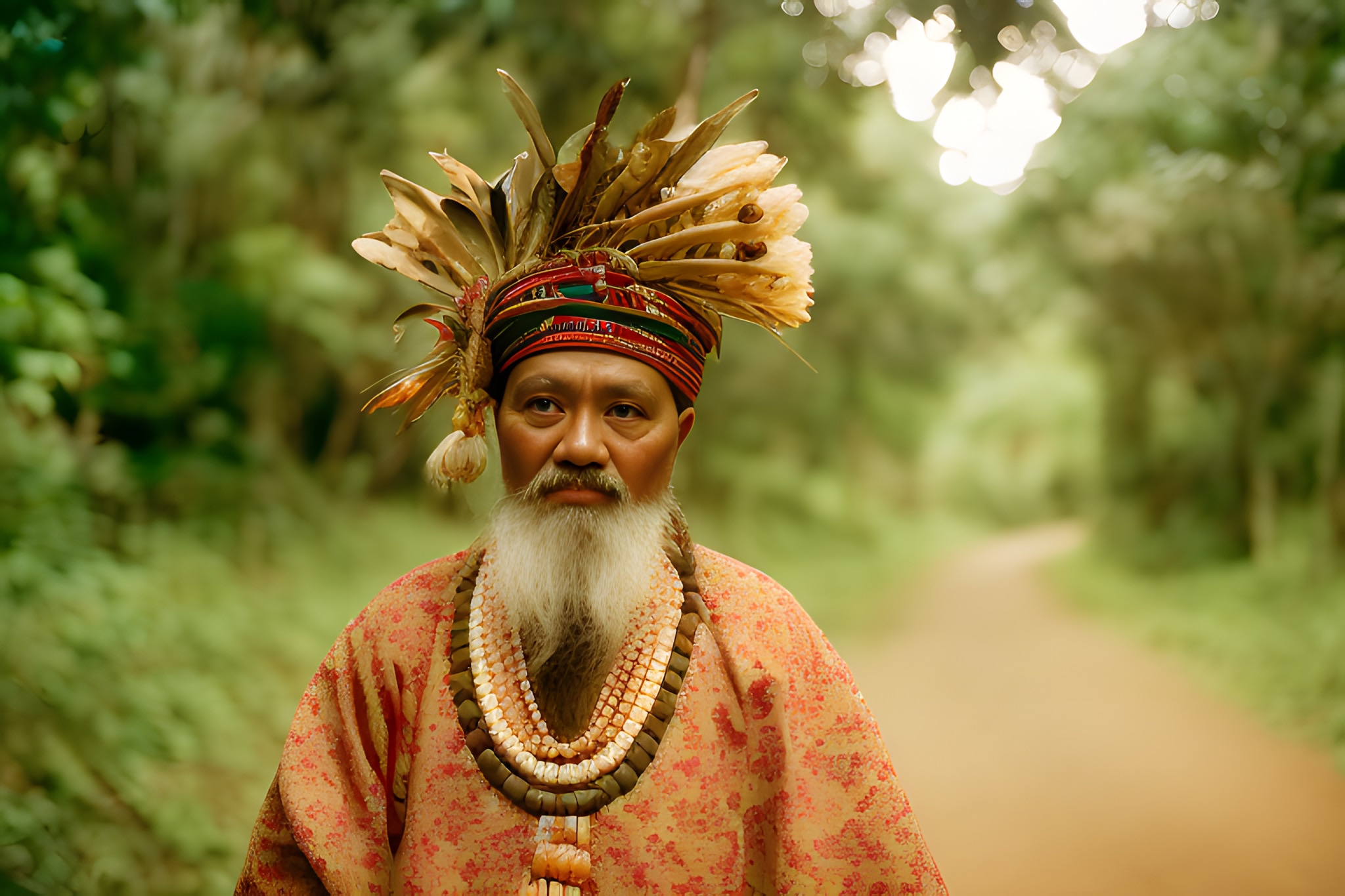 Portrait of an elderly man wearing a large headdress and beaded necklace.
