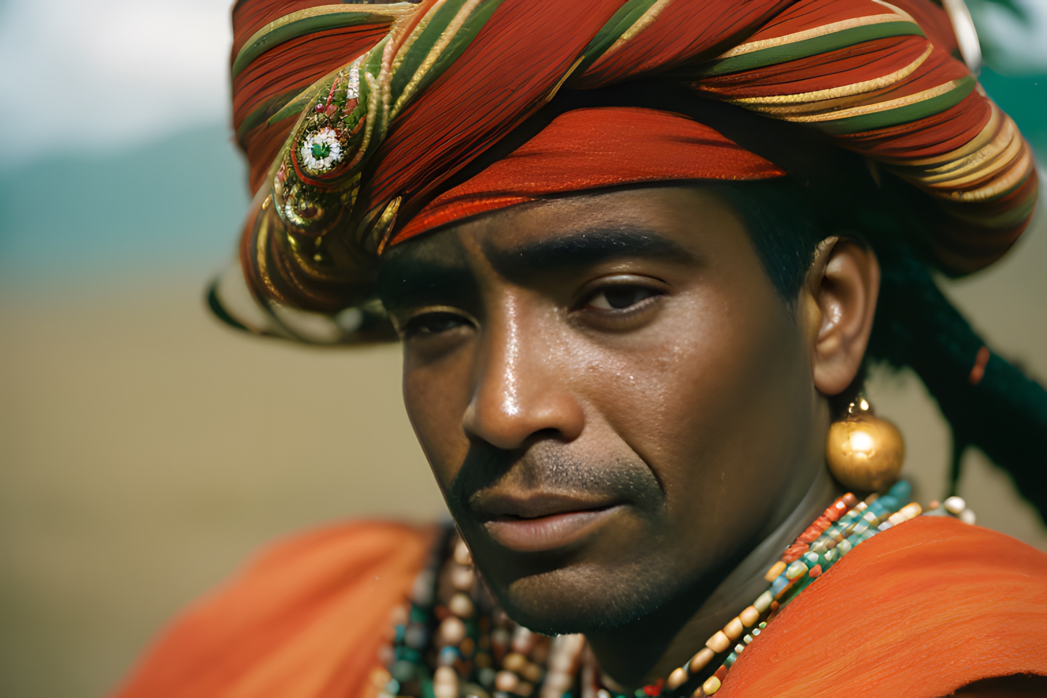 Close-up portrait of a man wearing a vibrant orange turban and beaded necklaces.