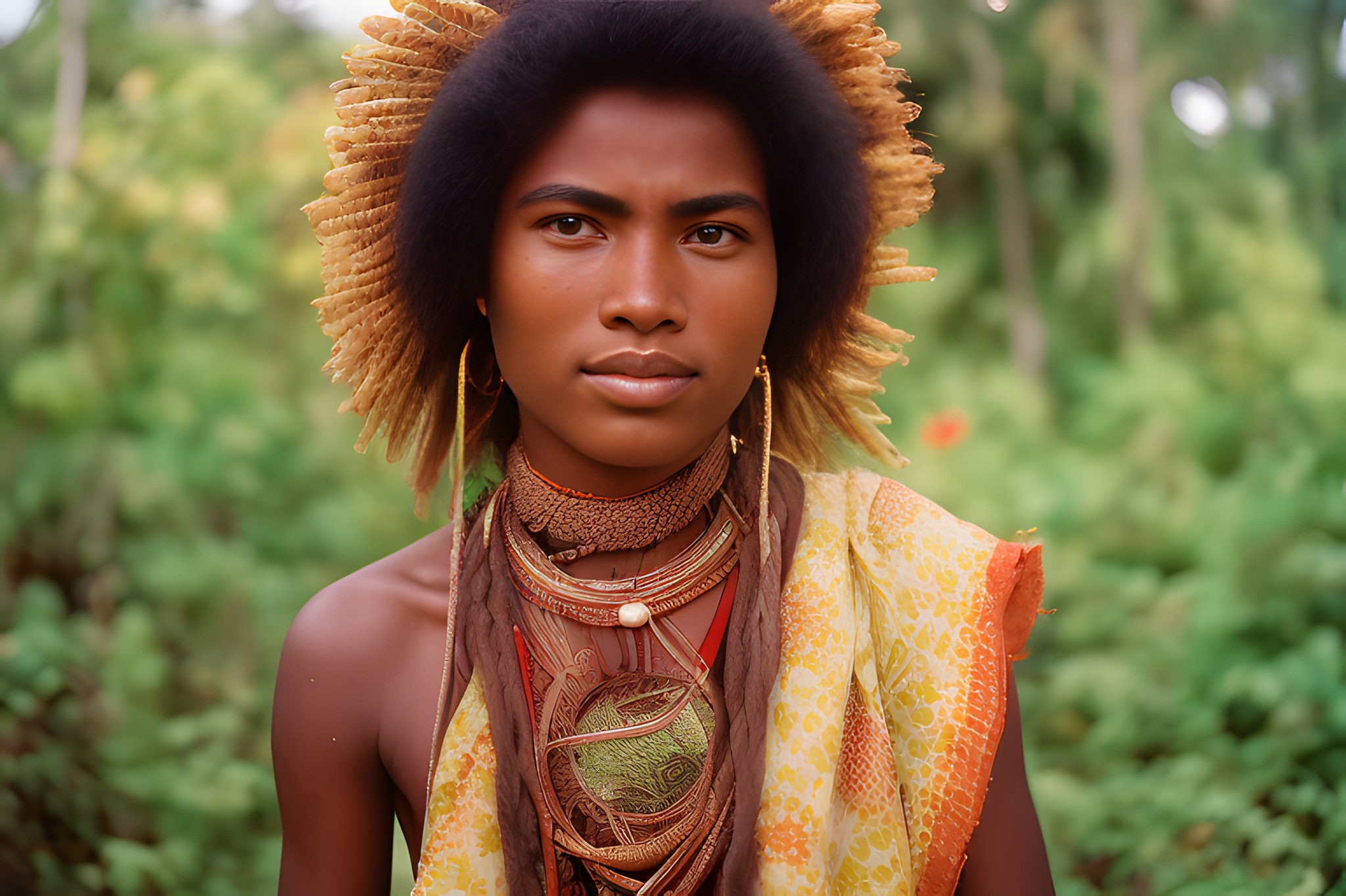 Portrait of a young woman wearing traditional tribal attire and jewelry.