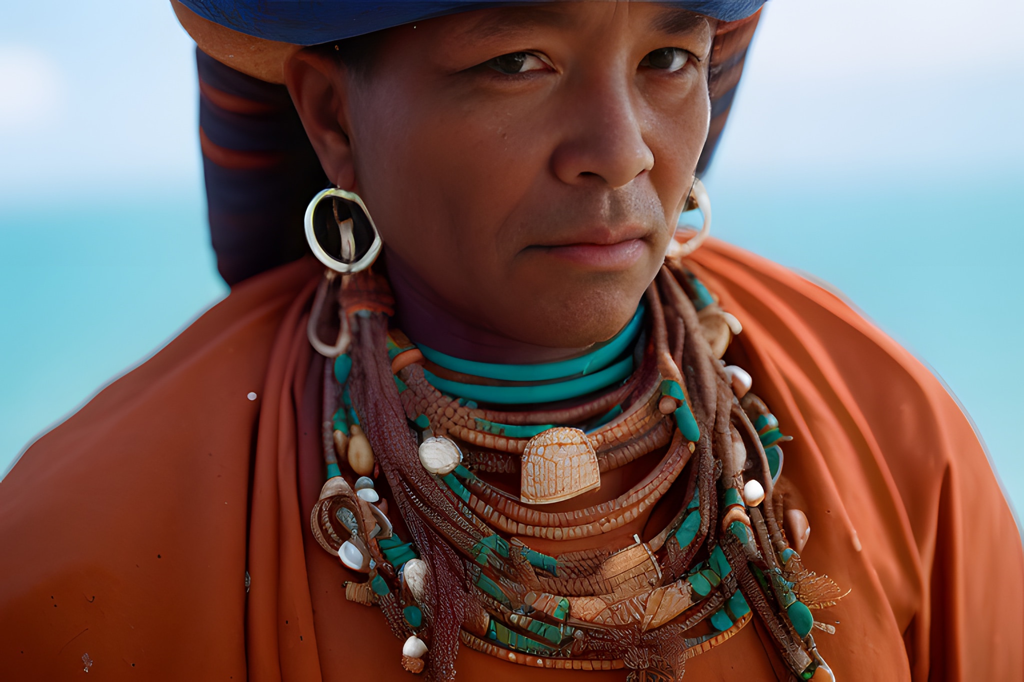 Close-up portrait of a woman wearing elaborate necklaces and large earrings.