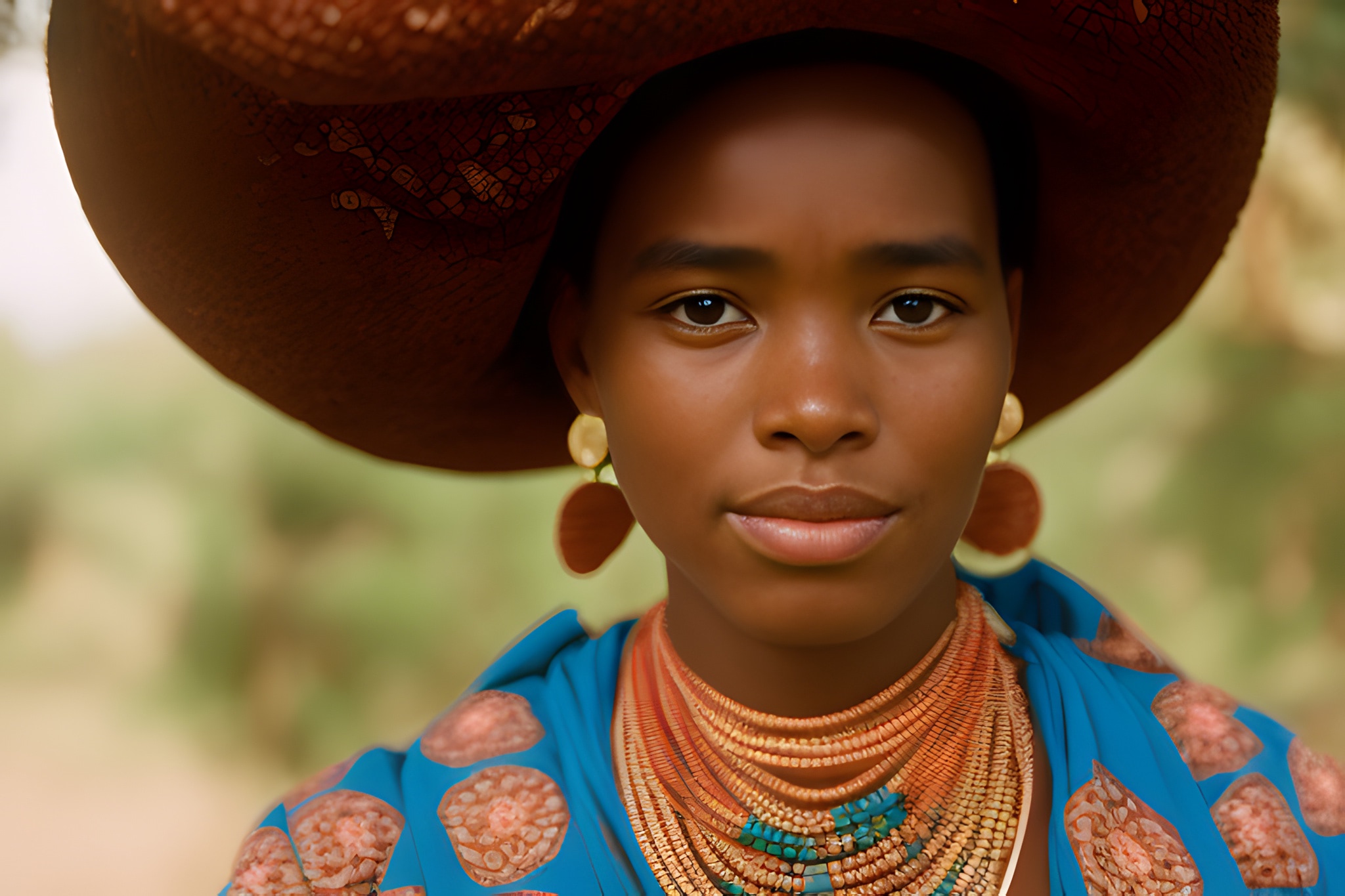 Portrait of a young woman wearing a large brown hat and turquoise and orange beaded necklaces.