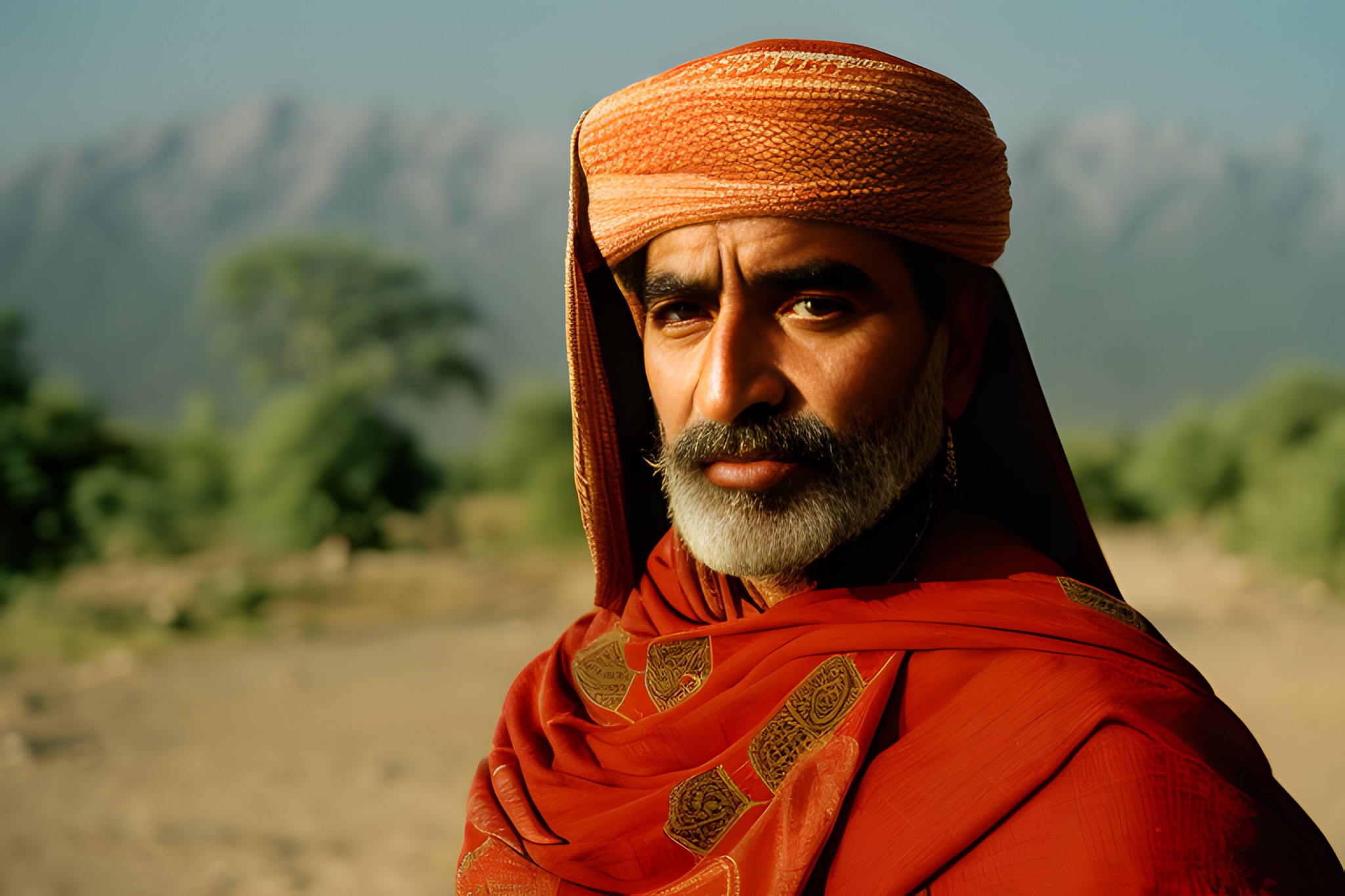 Close-up portrait of a man wearing a red headscarf and robe.