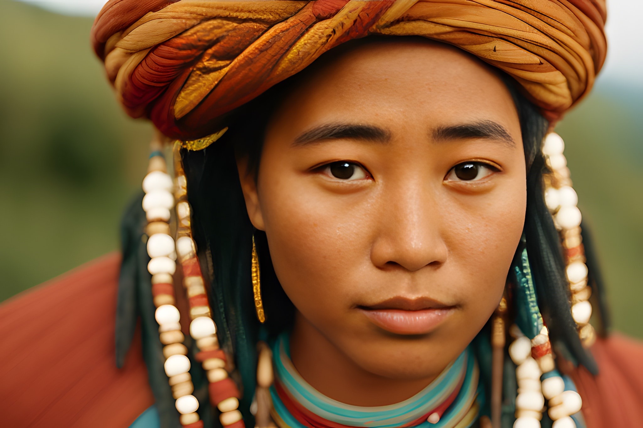 Close-up portrait of a person wearing a patterned turban and beaded jewelry.