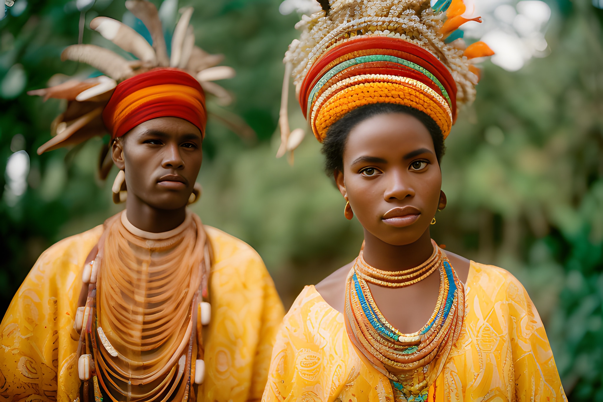 Portrait of a young woman and man in ornate tribal headdresses and jewelry.