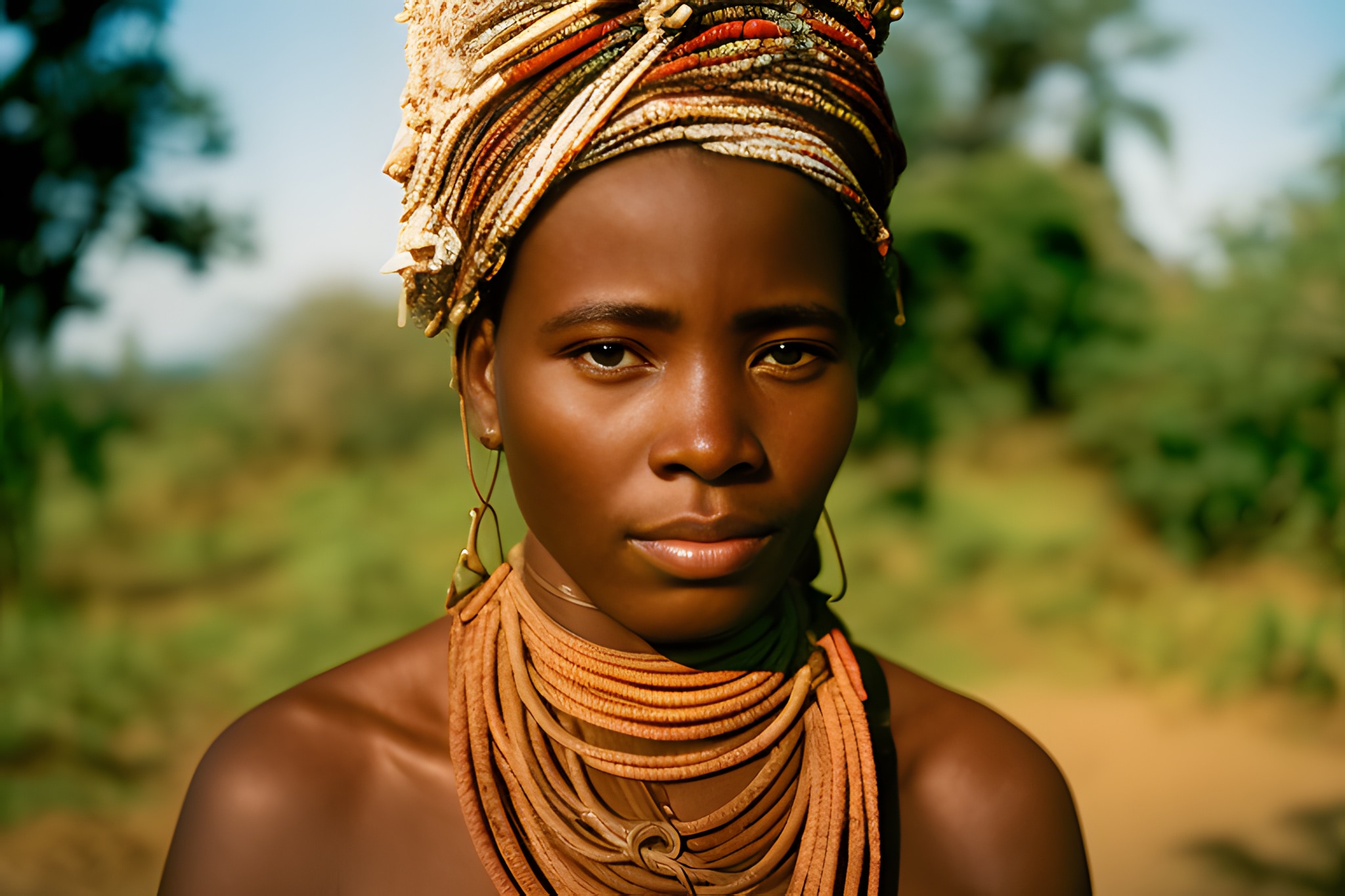 Close-up portrait of a young woman wearing a headwrap and necklace made of shells and beads.
