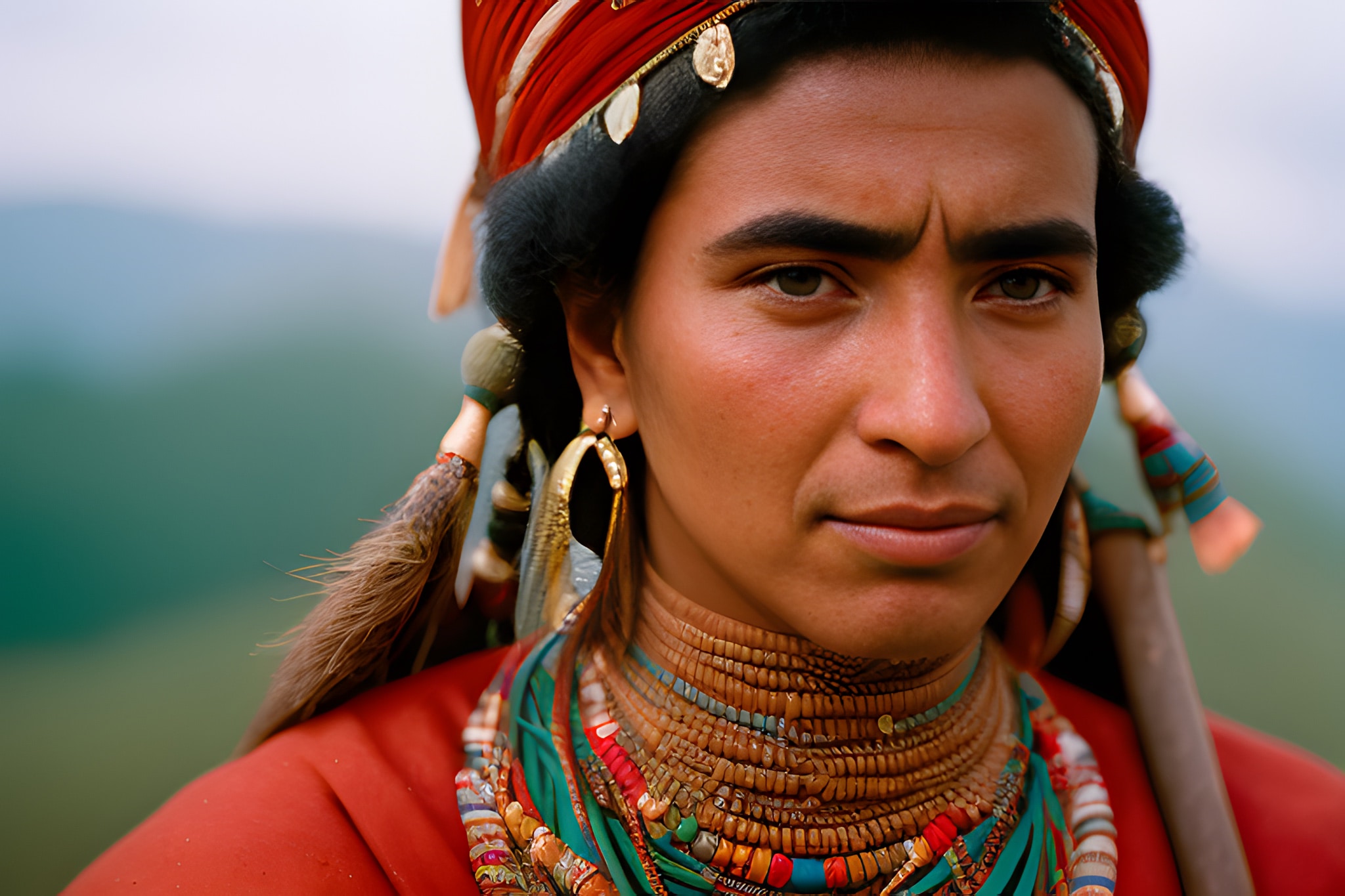 Close-up portrait of a woman wearing traditional tribal attire, including a red headscarf and ornate jewelry.