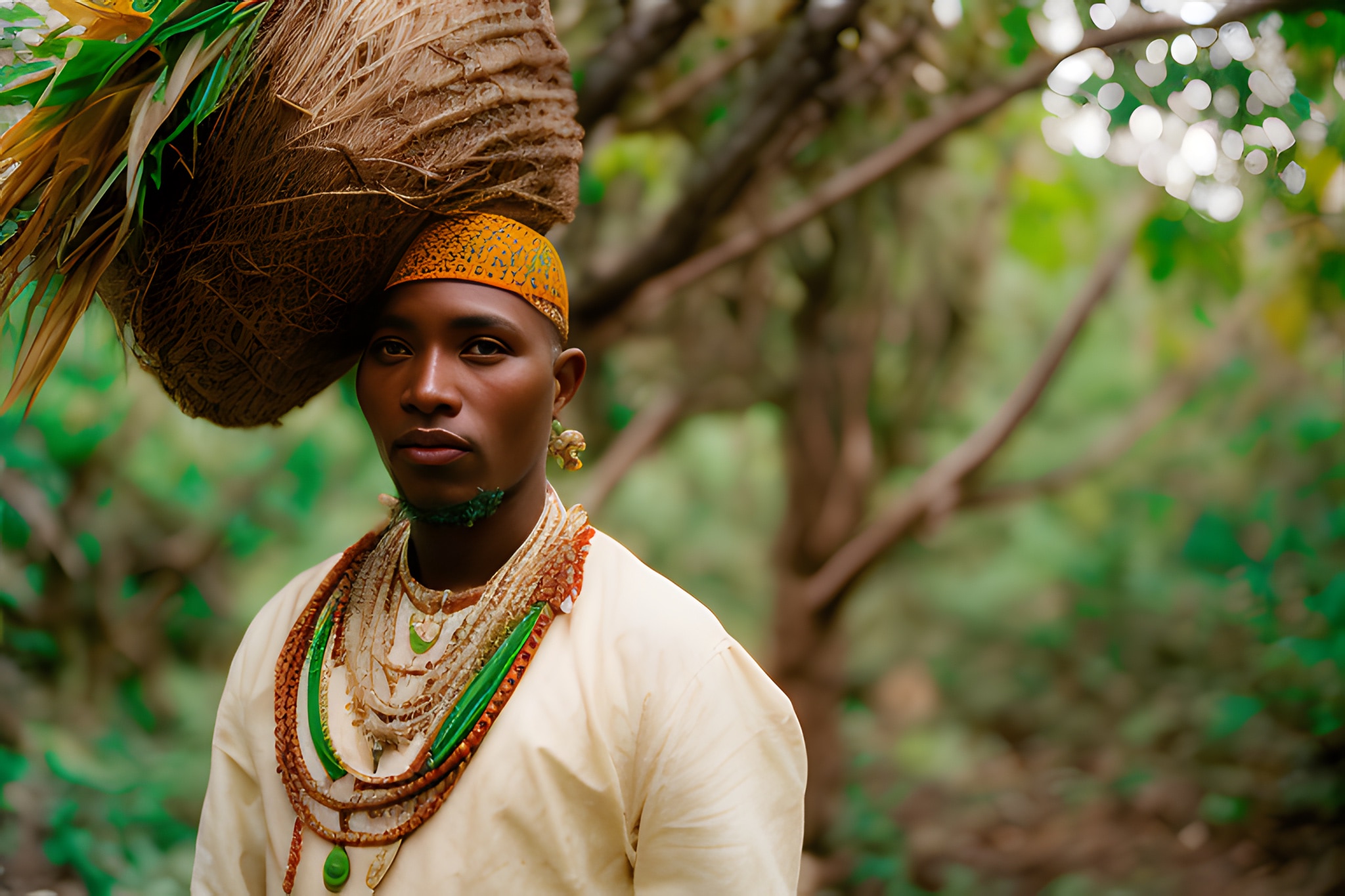 Portrait of a person wearing elaborate tribal headdress and jewelry.