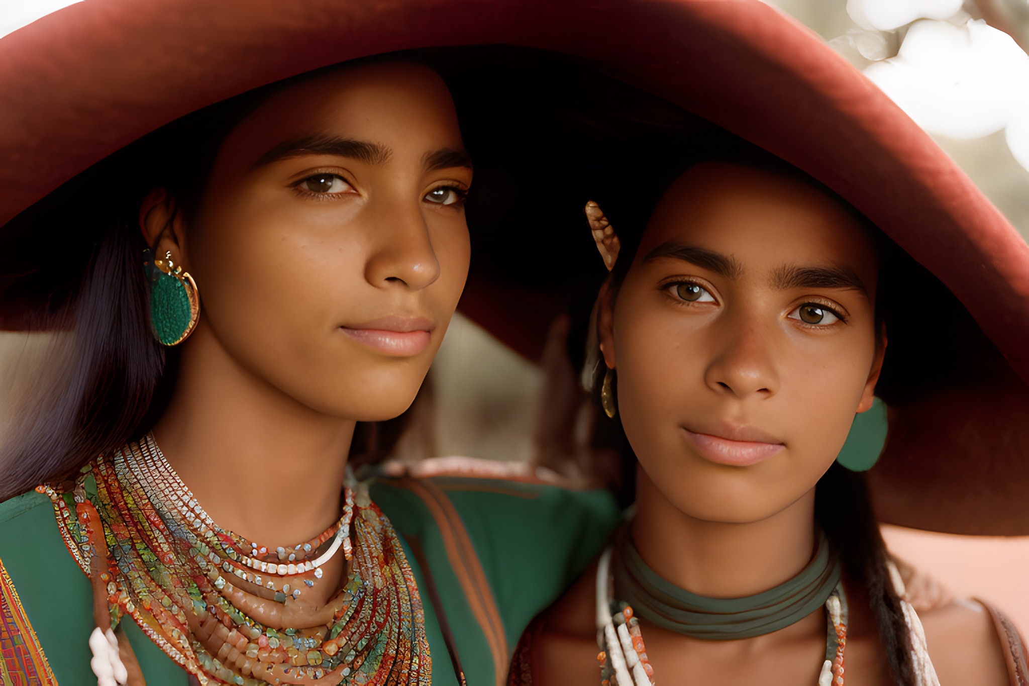 Close-up portrait of two women wearing large hats and ornate necklaces.