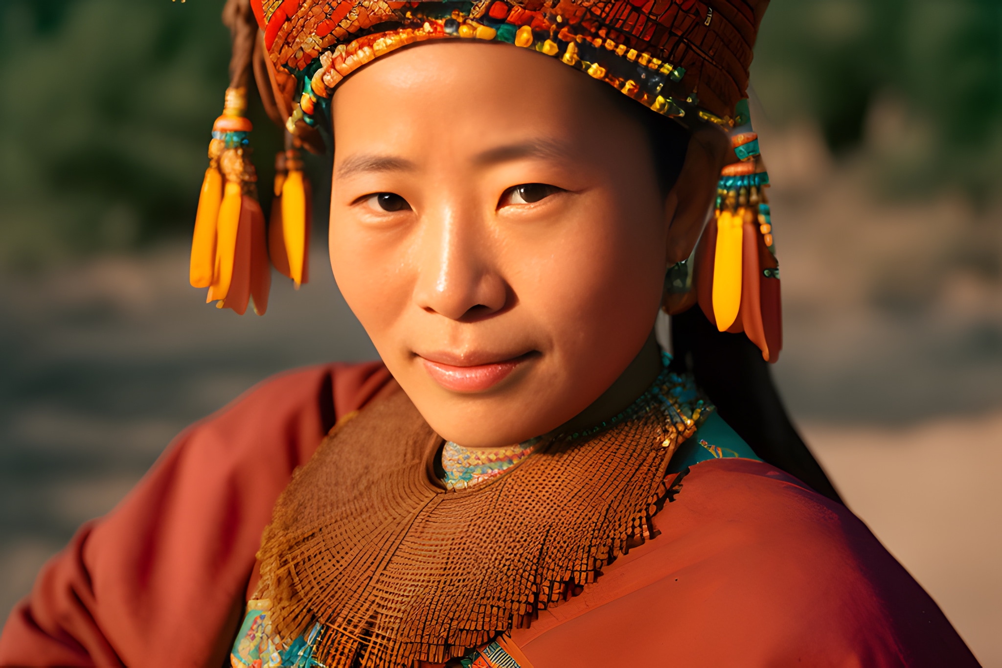 Close-up portrait of a woman wearing ornate tribal headdress and necklace.