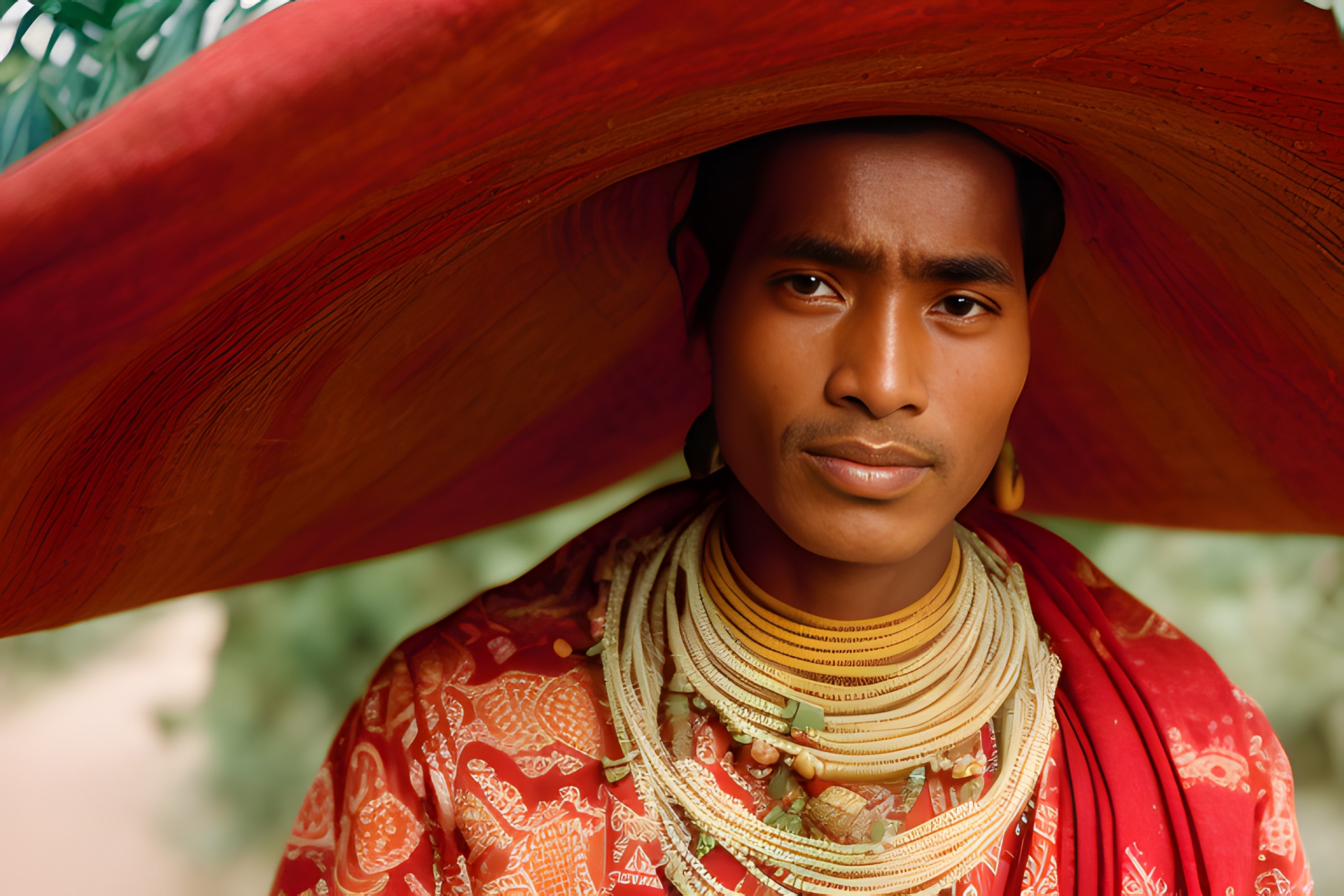 Portrait of a person wearing a large red hat and ornate necklaces.