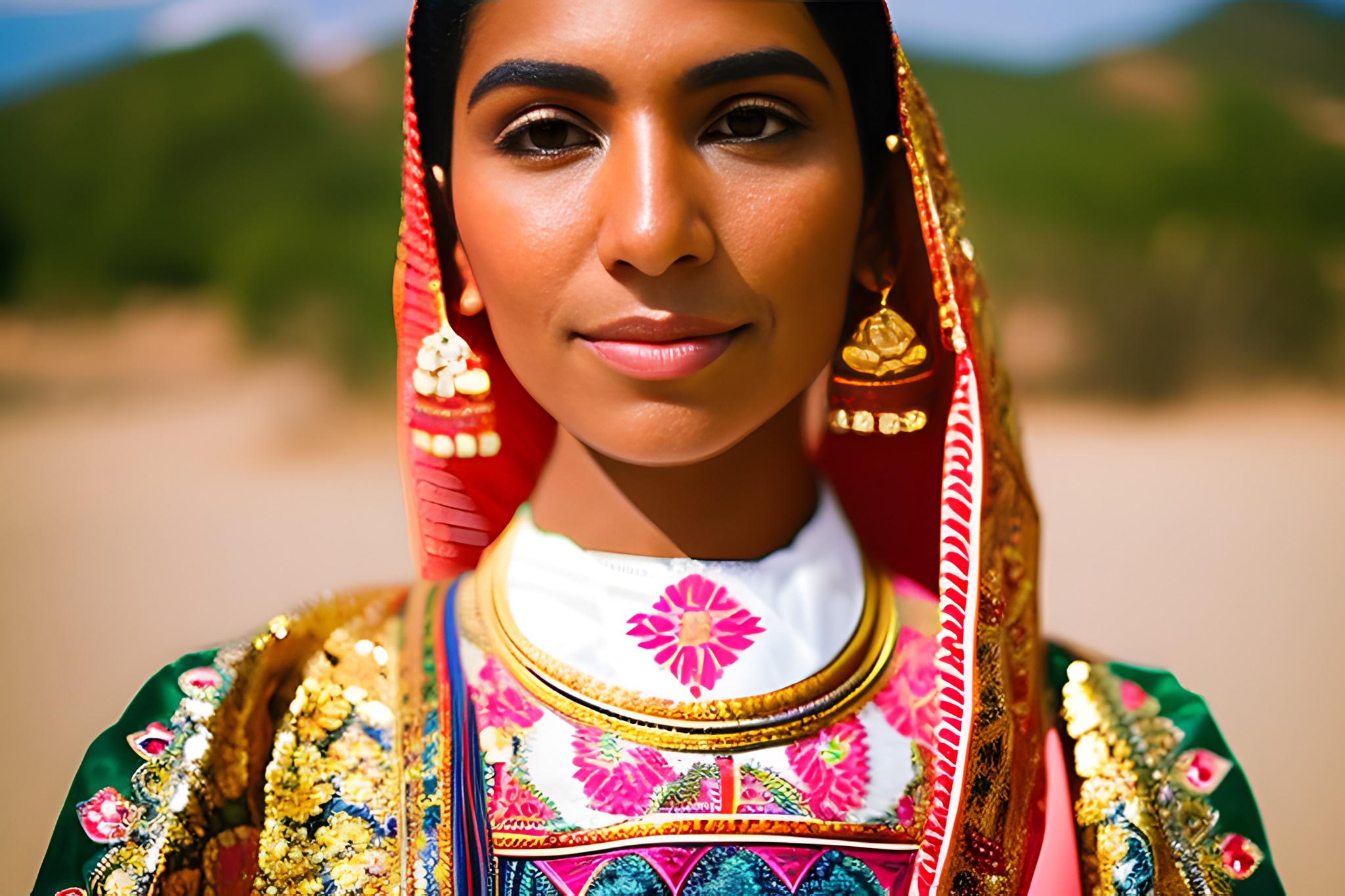 Close-up portrait of a woman wearing a vibrant red and gold embroidered headscarf and ornate clothing.