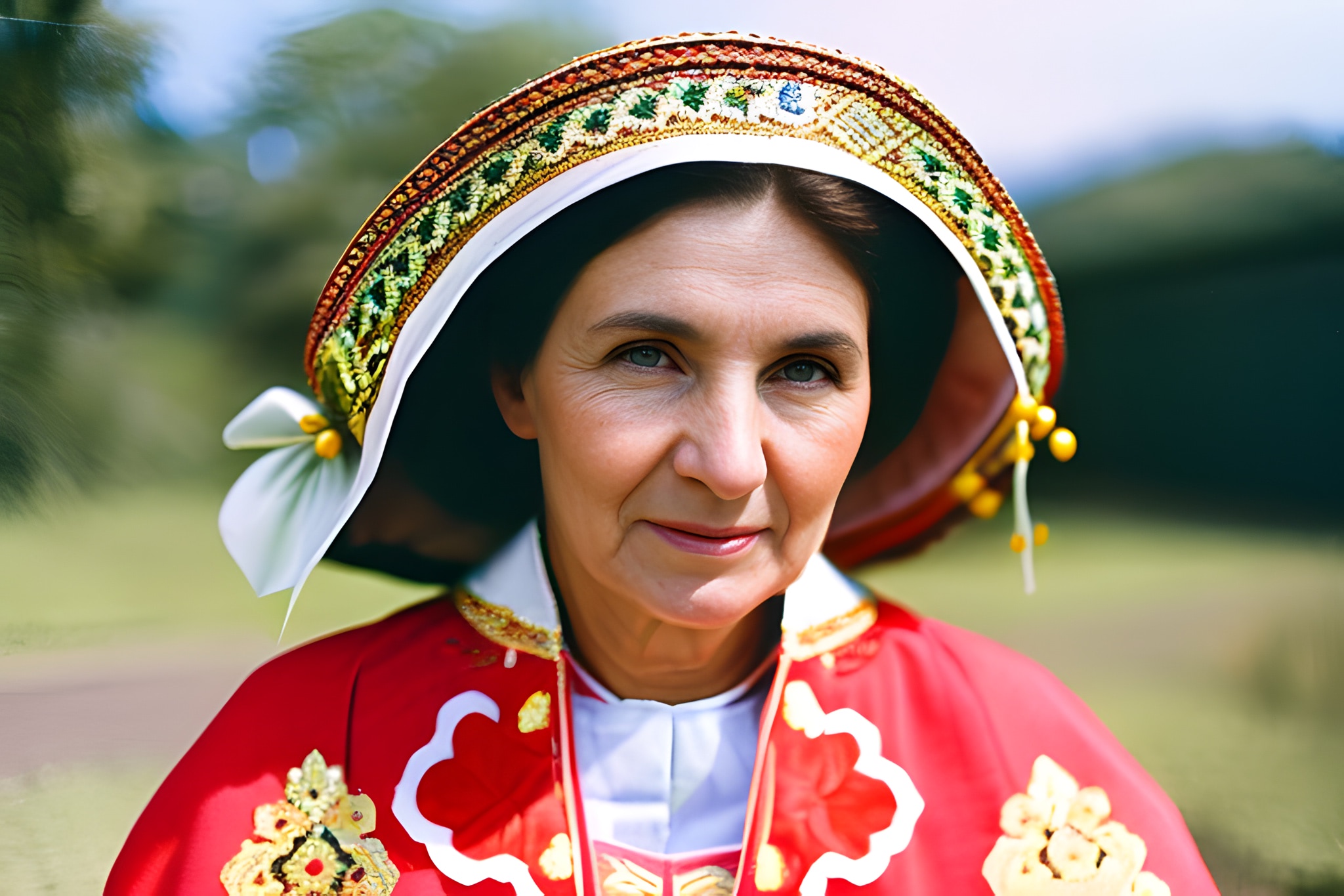 Portrait of a woman wearing a red and gold traditional outfit and hat.