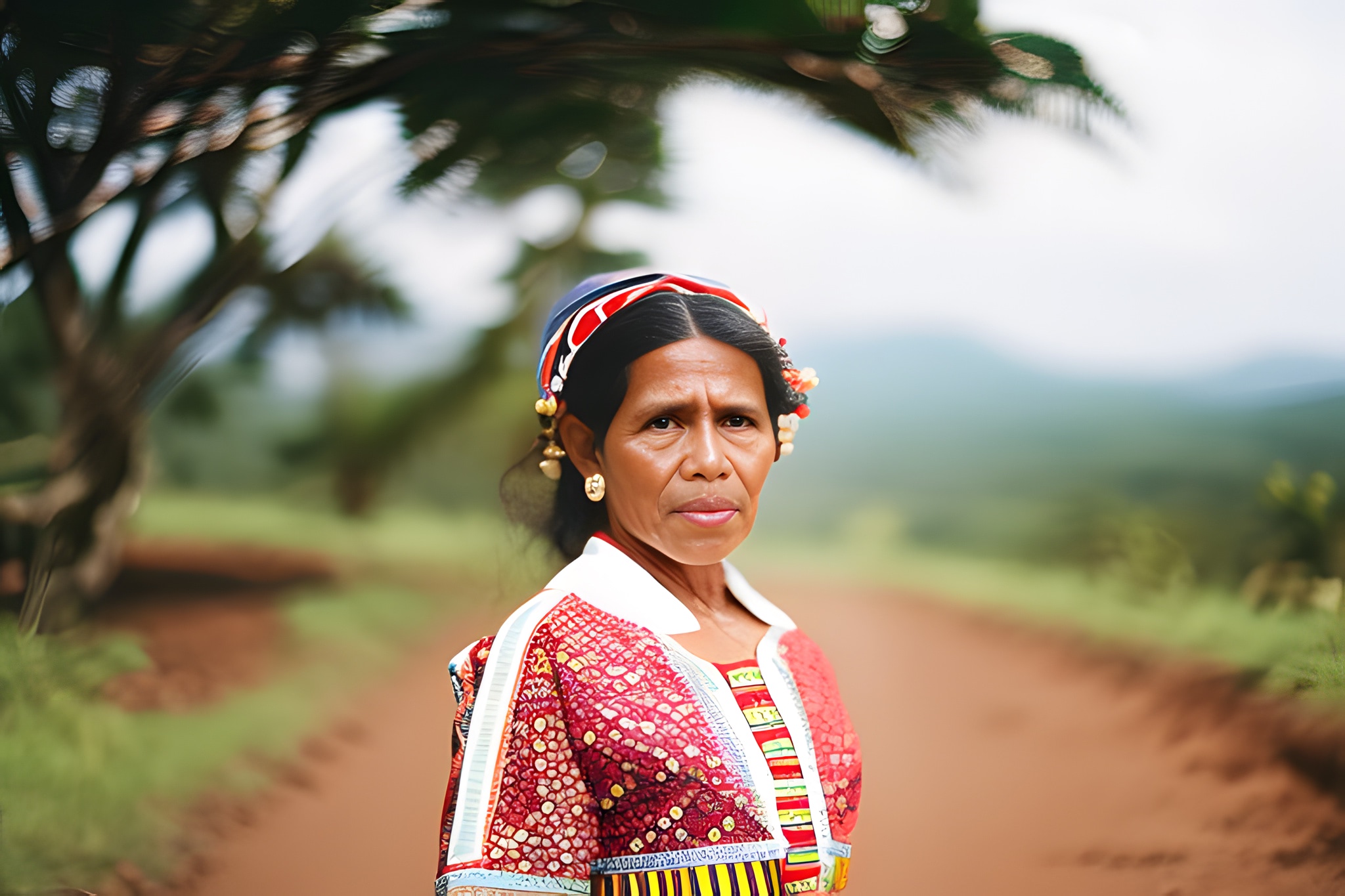 Portrait of a woman wearing traditional clothing and jewelry, outdoors.