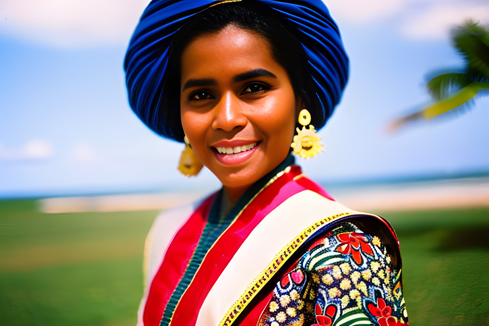 Close-up portrait of a smiling woman wearing a blue turban and ornate clothing.