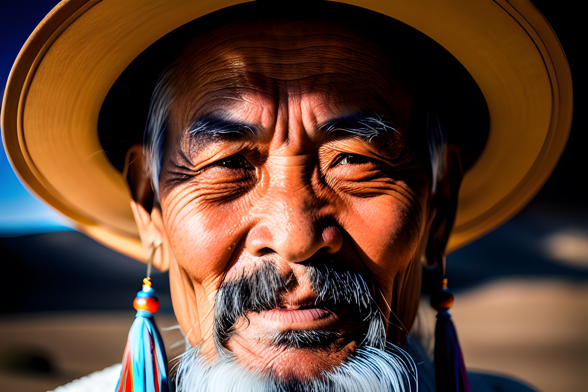 Close-up portrait of an elderly Mongolian shaman wearing a wide-brimmed hat and ornate earrings.