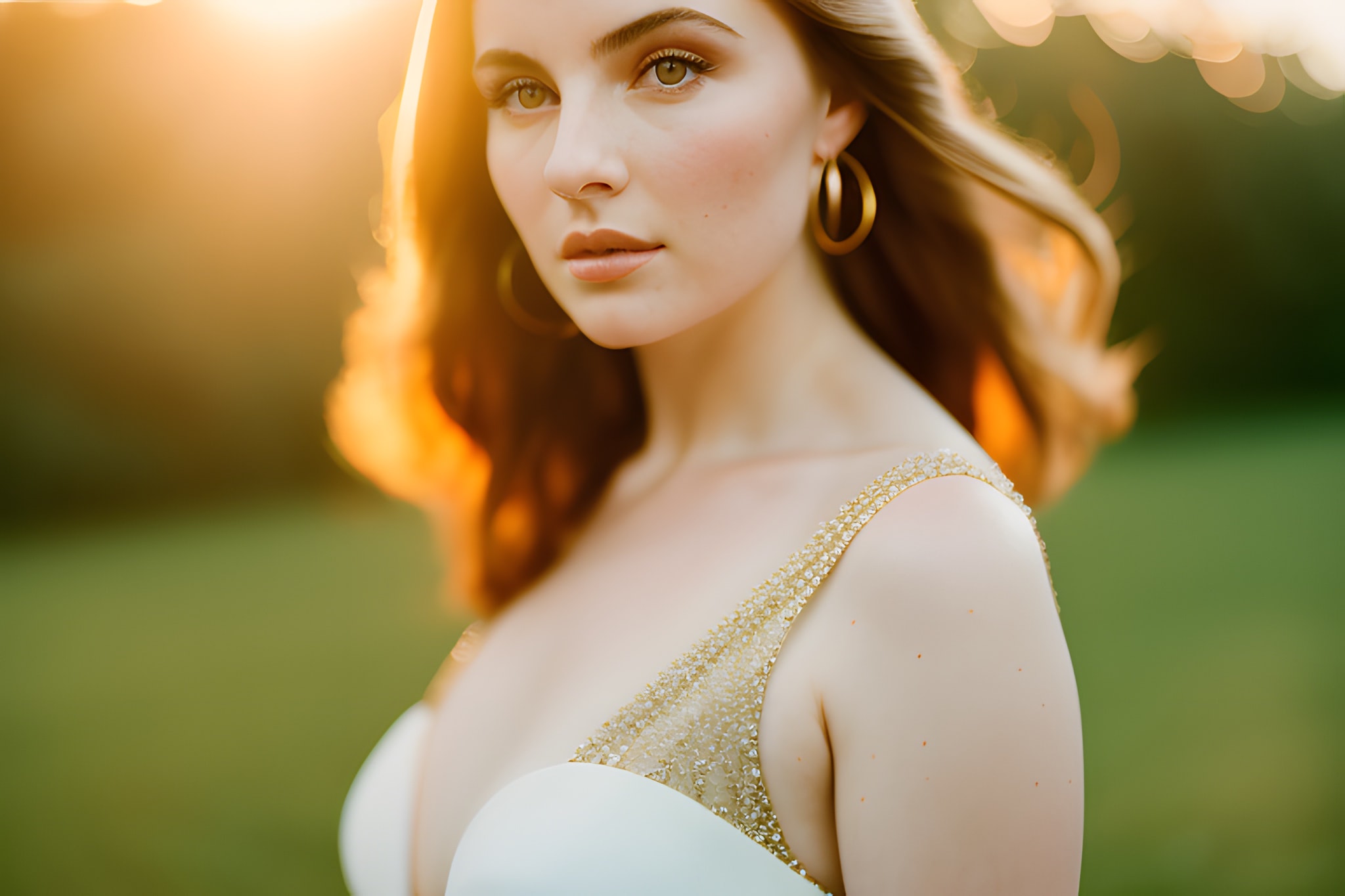 Woman in a white, beaded bodice dress at sunset.