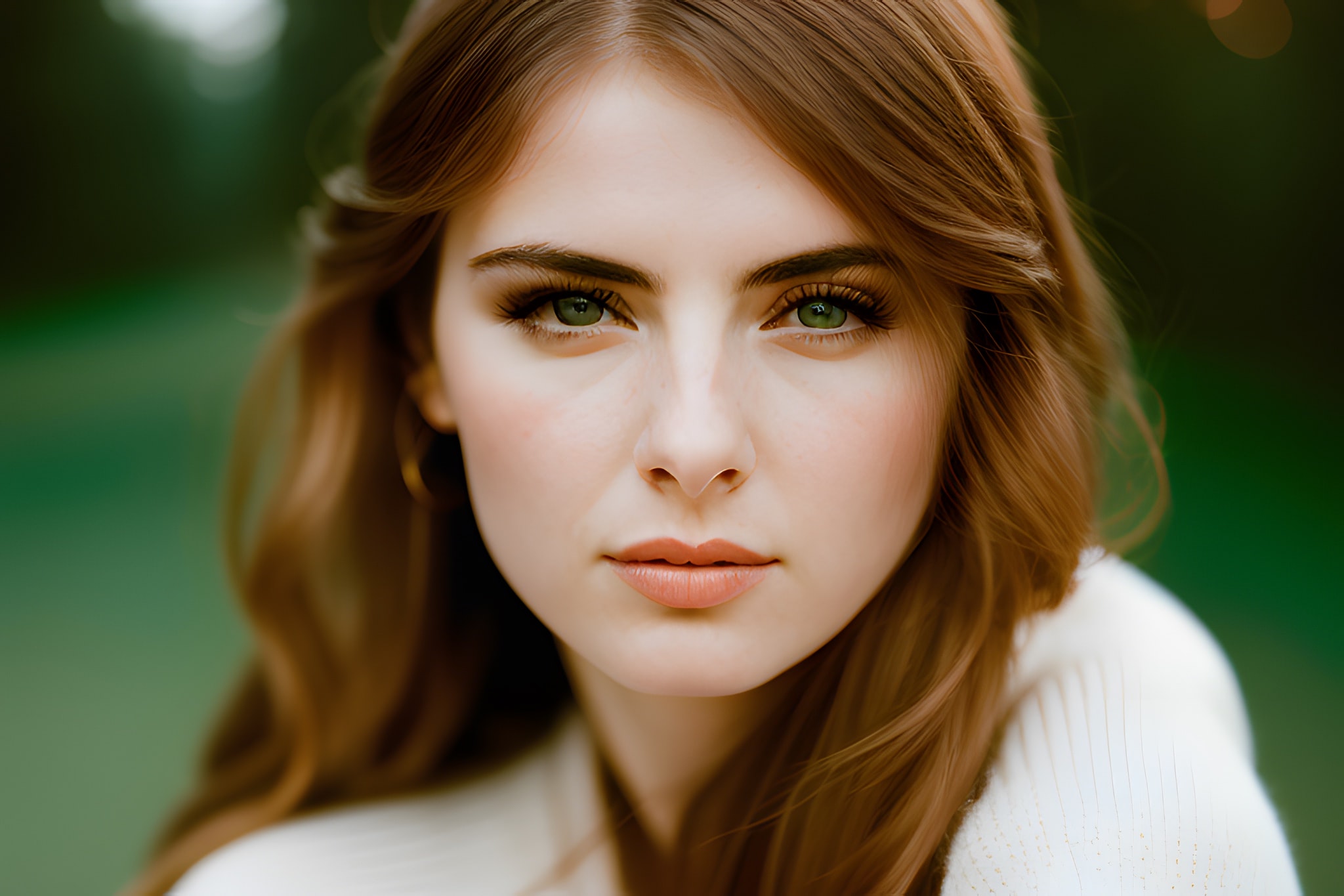 Close-up portrait of a young woman with long brown hair and green eyes.
