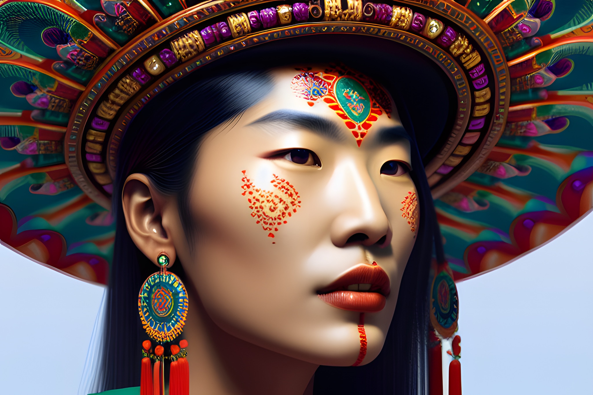 Psychedelic portrait of a Korean shaman wearing an ornate headdress and earrings.