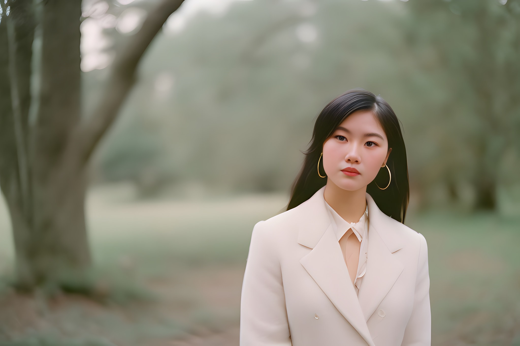 Young Asian woman in a cream-colored coat outdoors.