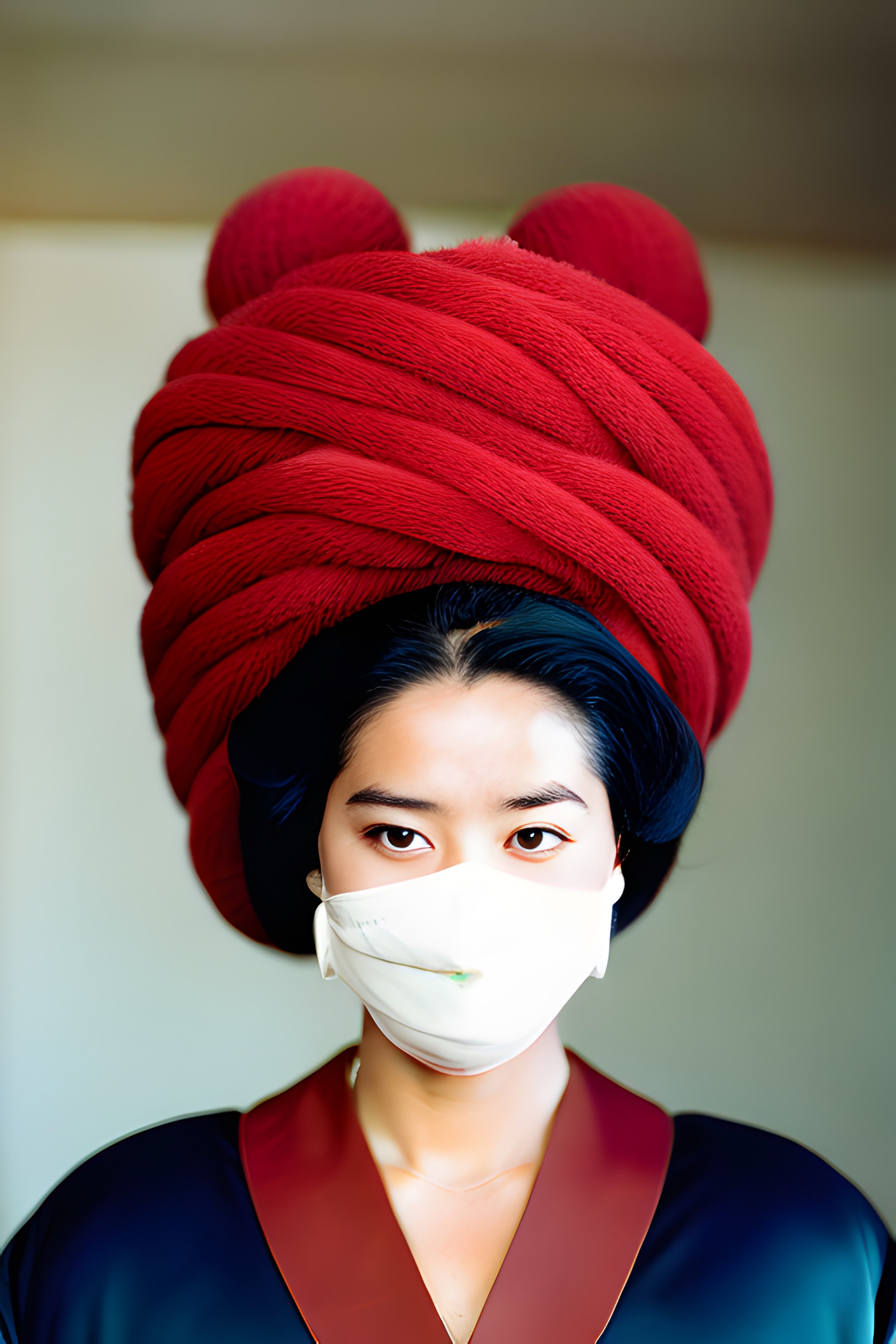 Woman wearing a large red hat and a white face mask.
