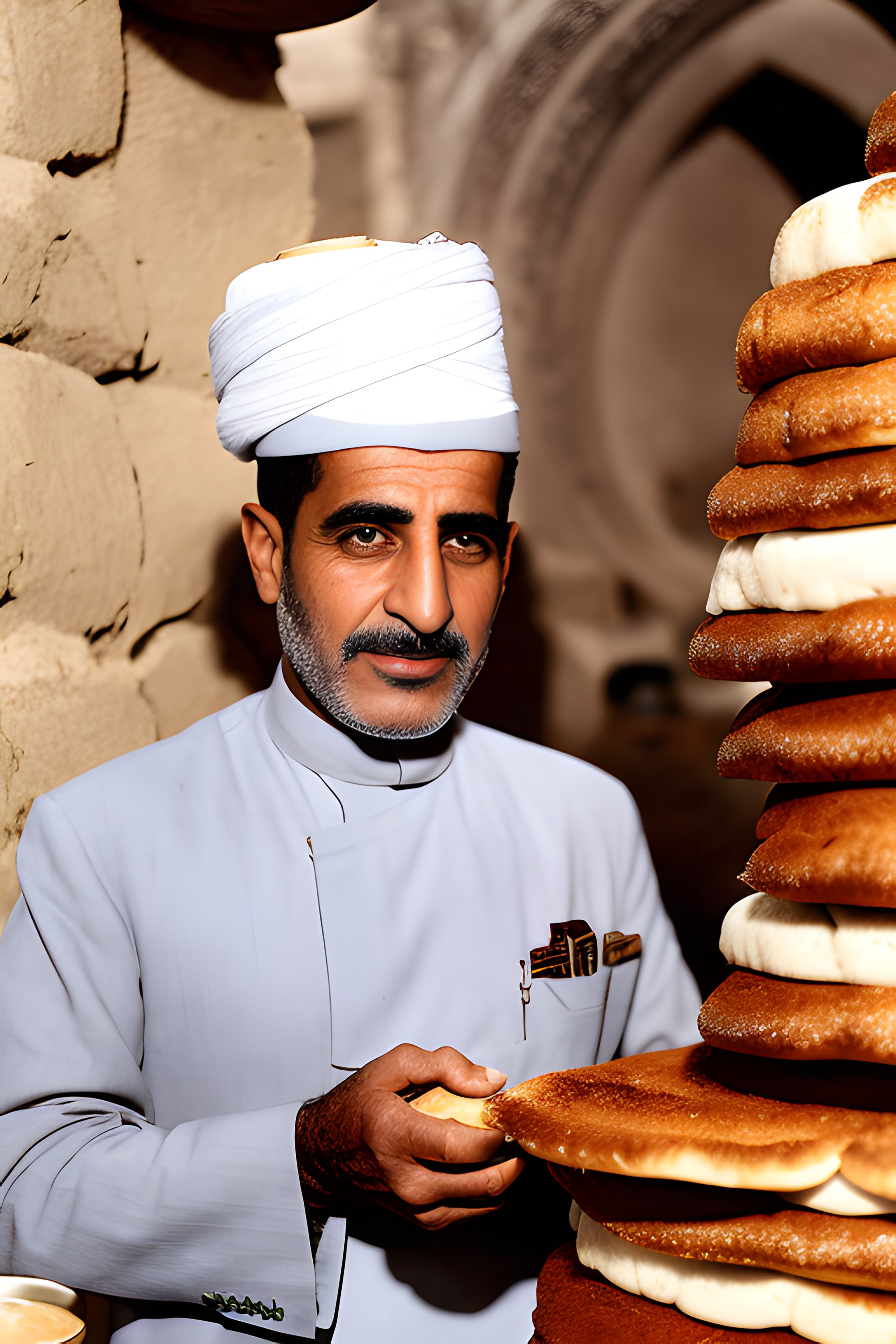 Portrait of a man in traditional Arabic clothing holding bread.