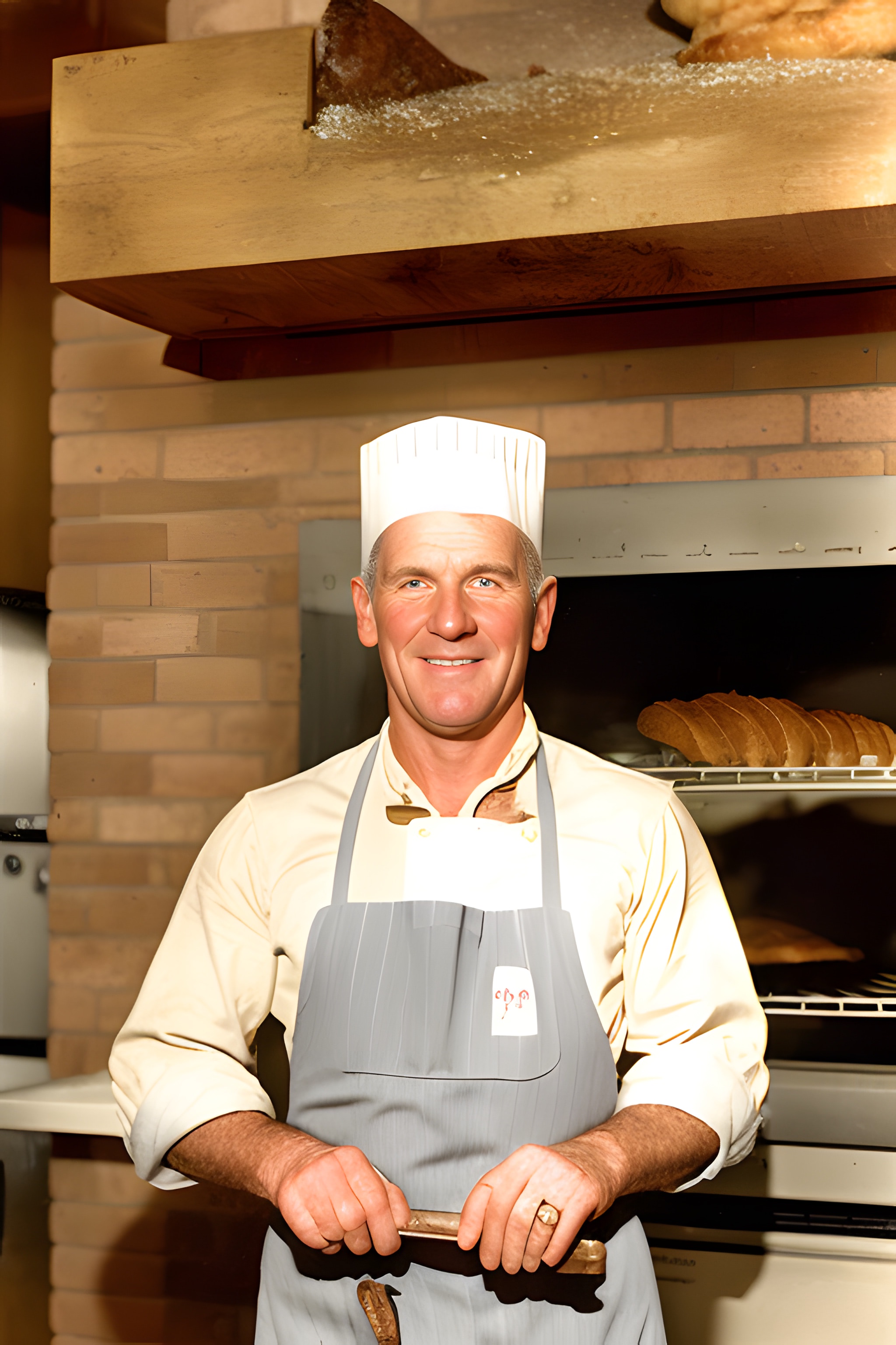 Portrait of a smiling male baker in a white chef's hat and gray apron, holding a bread knife.