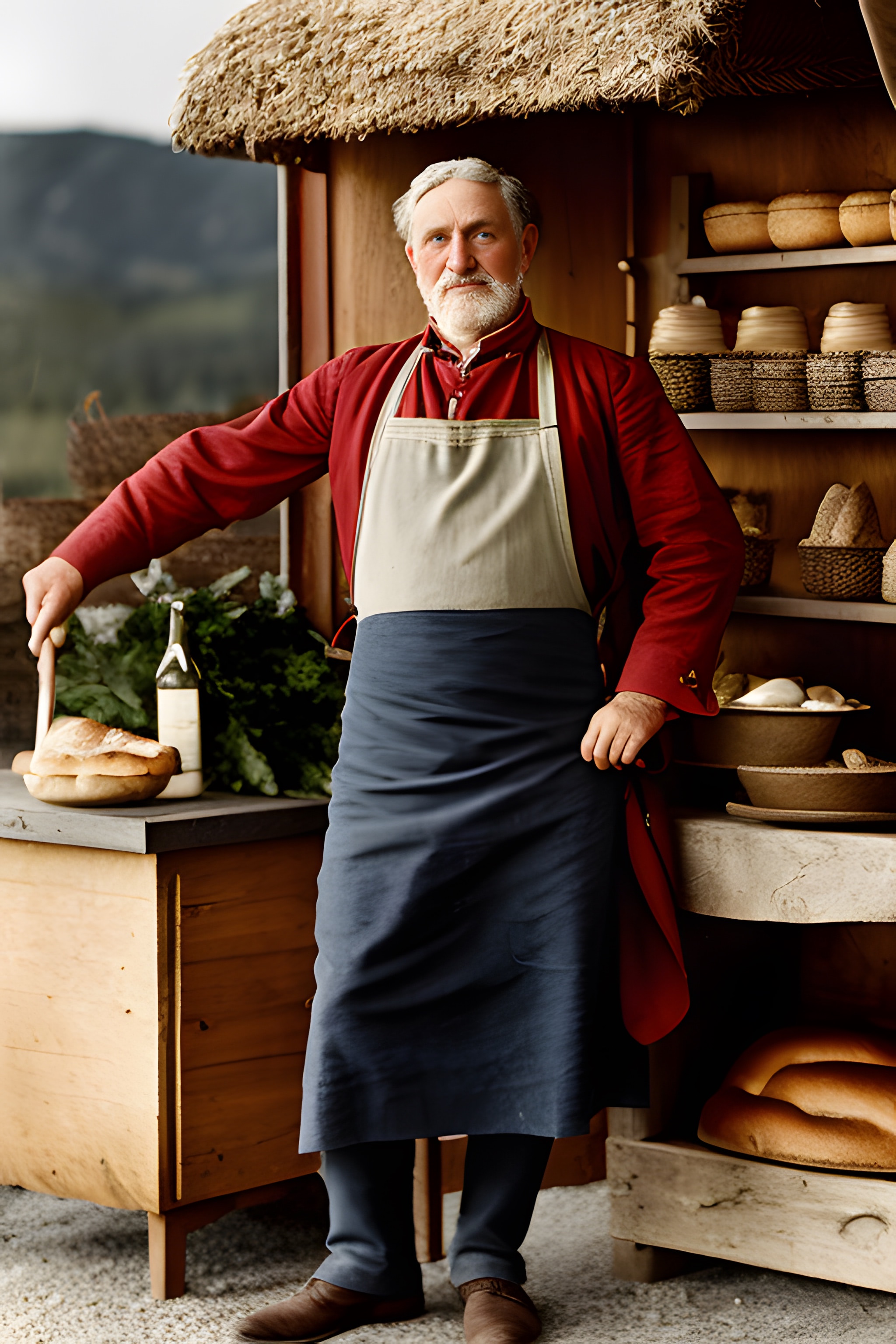 An elderly German baker stands in his outdoor bread stall.