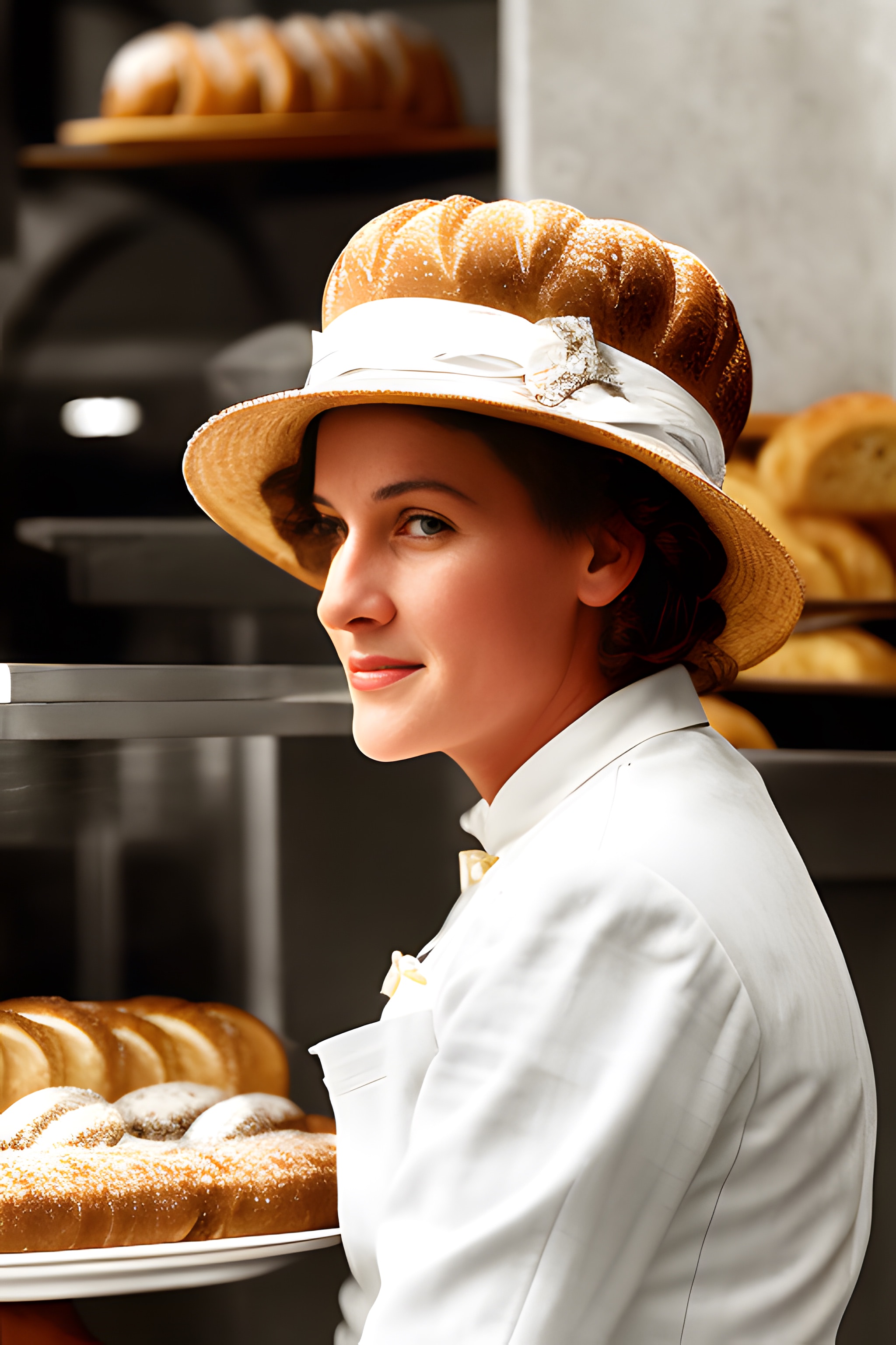 Woman in a baker's hat and white coat, looking over her shoulder.